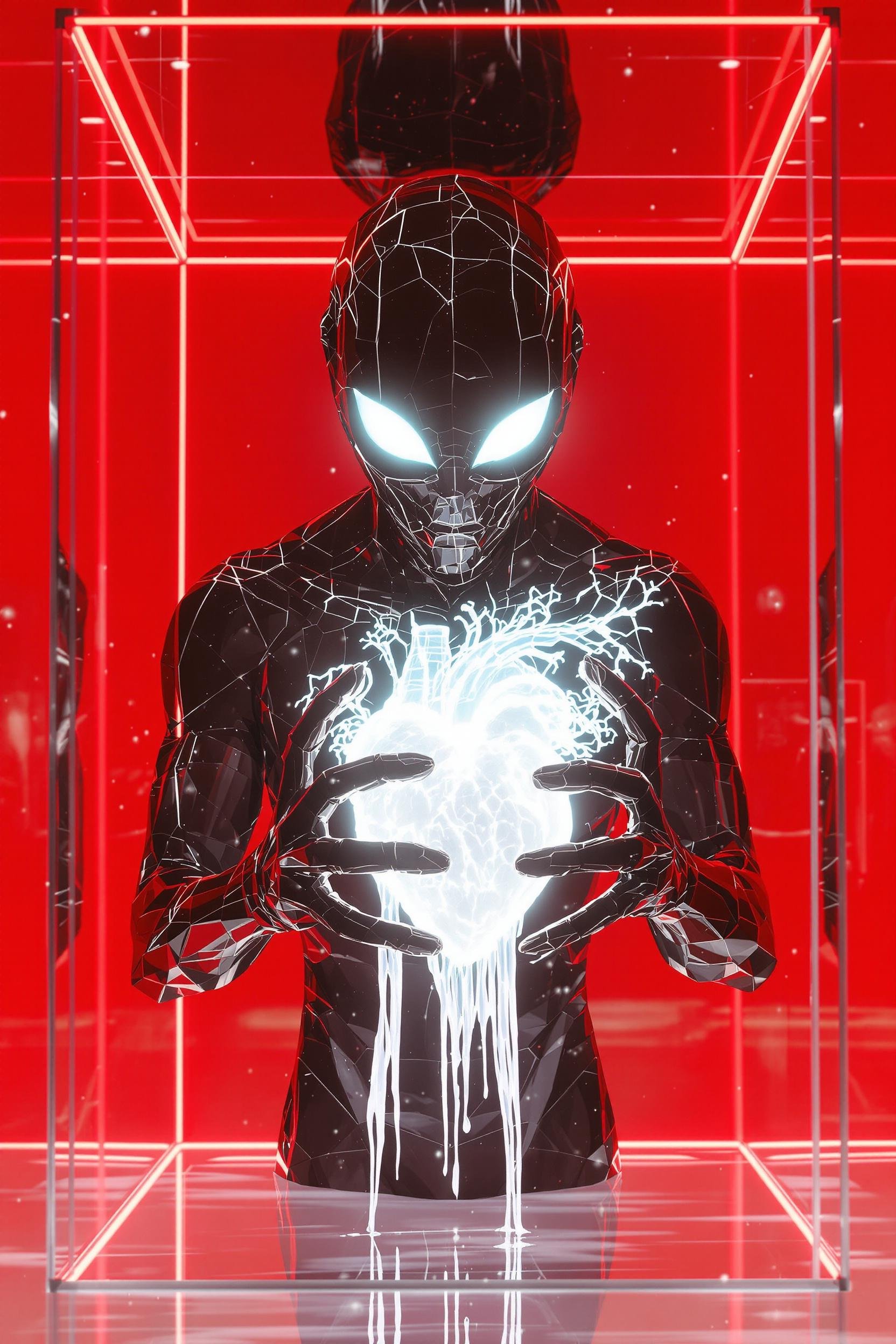 An Alien Made Of Obsidian And Slimy Darkness With Glowing White Eyes Stands Inside A Thin Transl