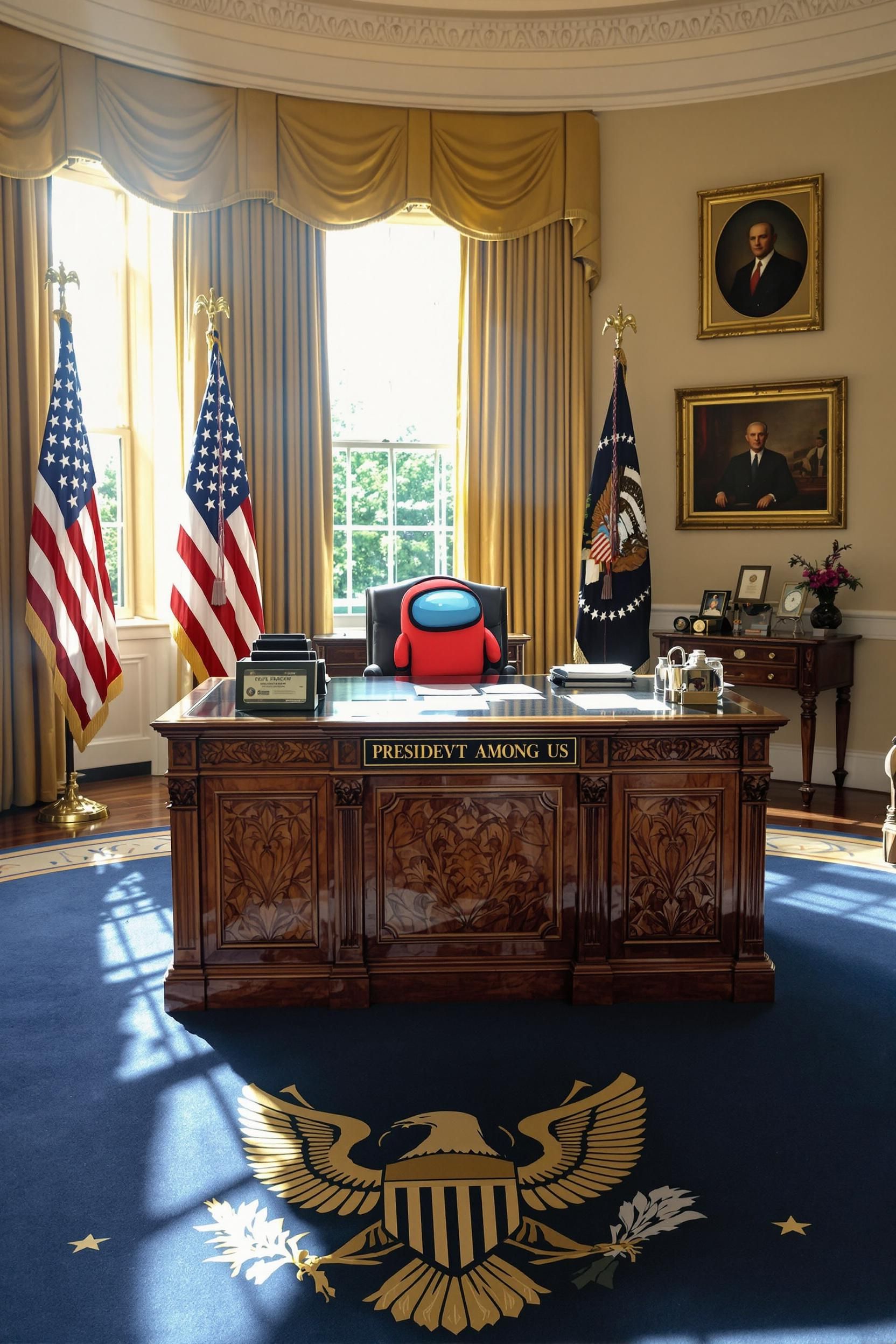 An "among Us" Crewmate Sitting At The Presidential Desk In The Oval Office