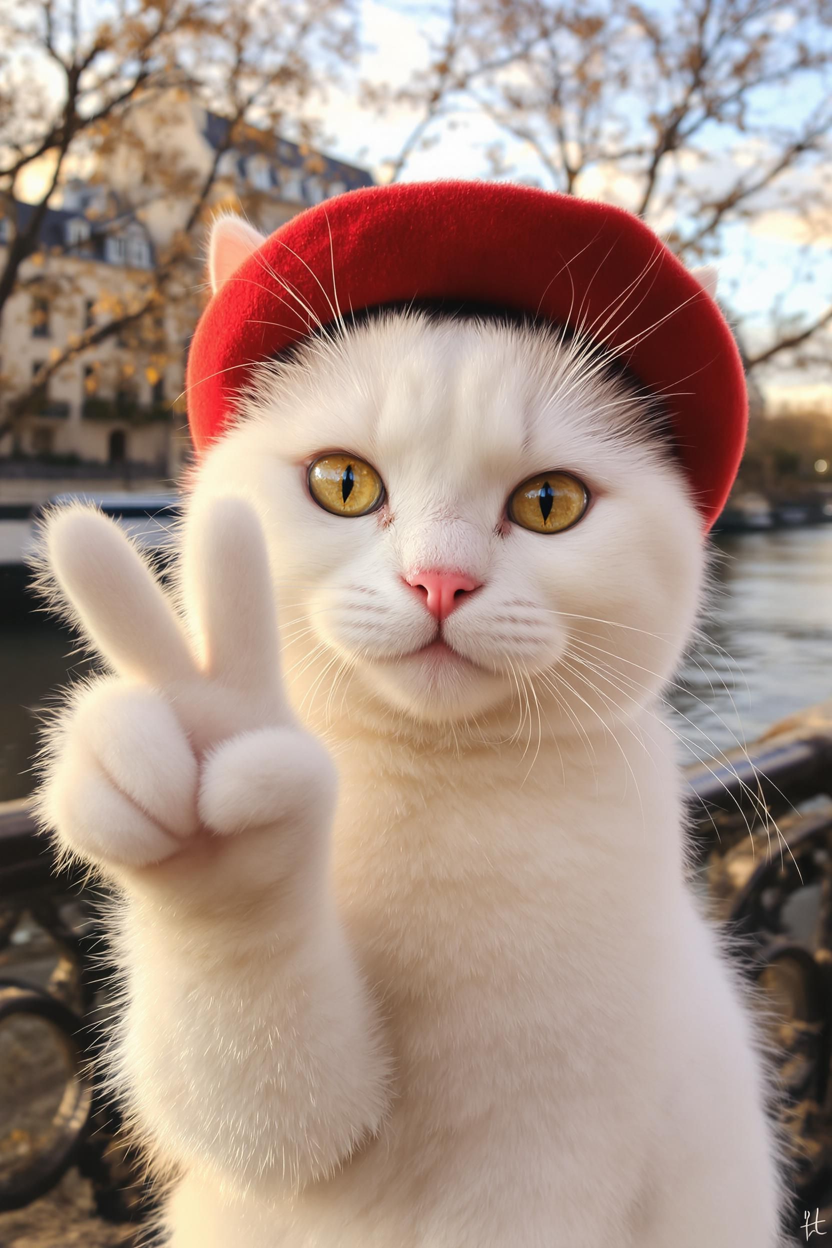 An Extremely Cute Photo Realistic White Time Travelling Cat Wearing A Red Beret Selfie In 17th C