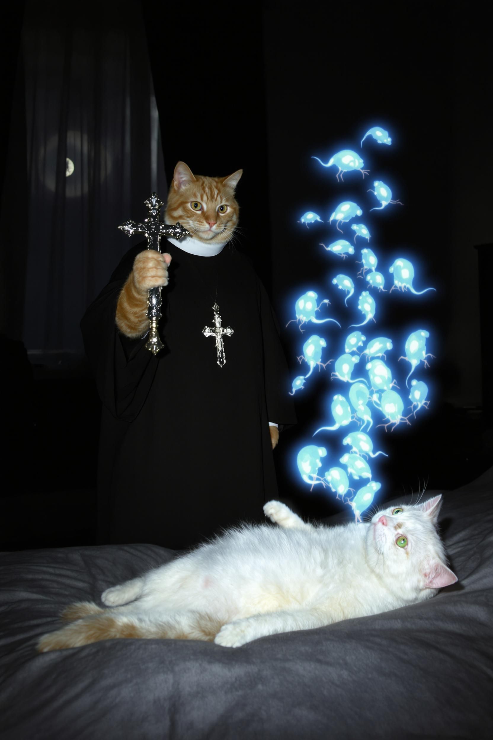 An Orange Cat Dressed As A Priest Standing Over A Bed Holding A Crucifix