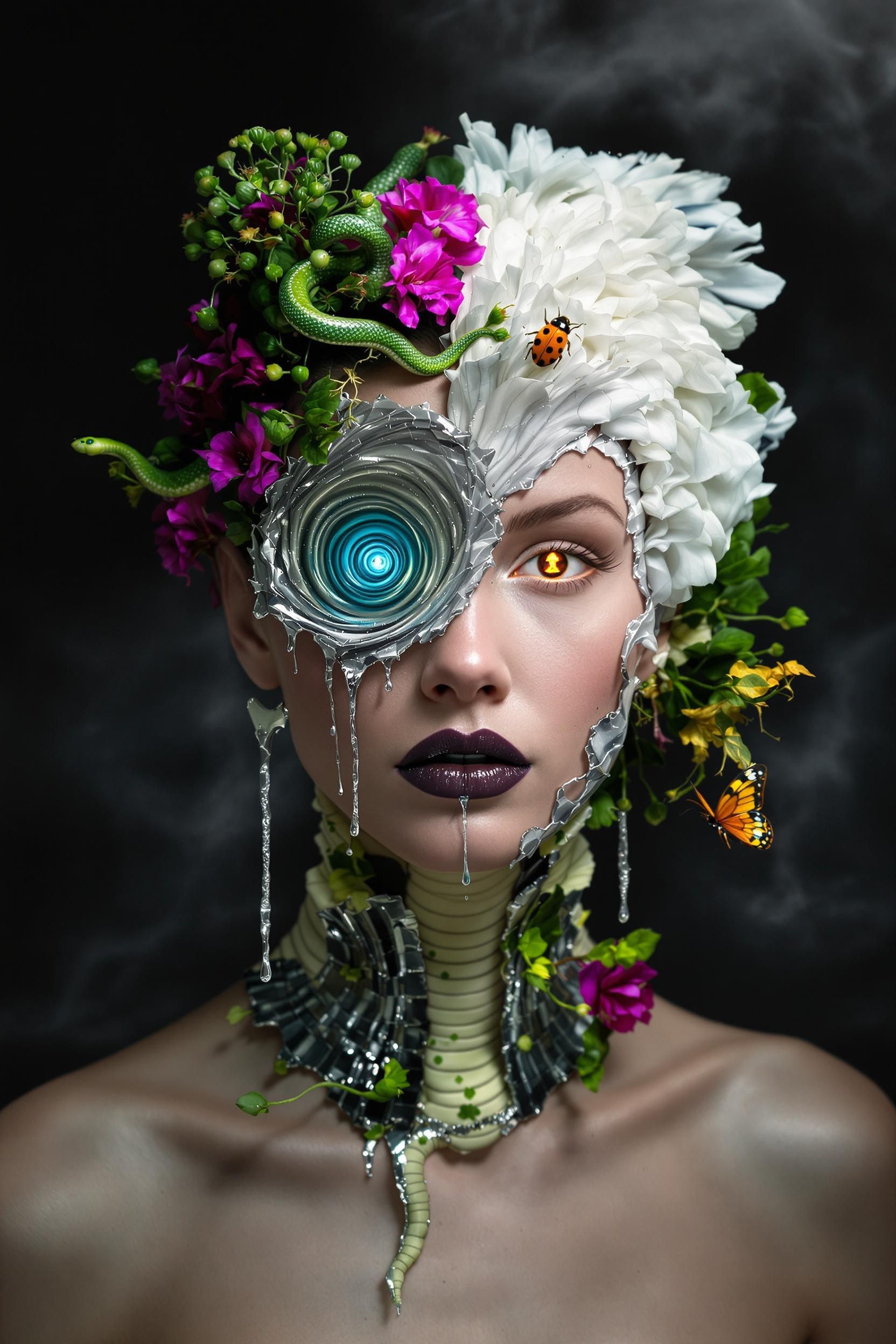 An Striking Beautiful Model Wearing A Big Surreal White Green Monster Fly And Green Fungi Mold A