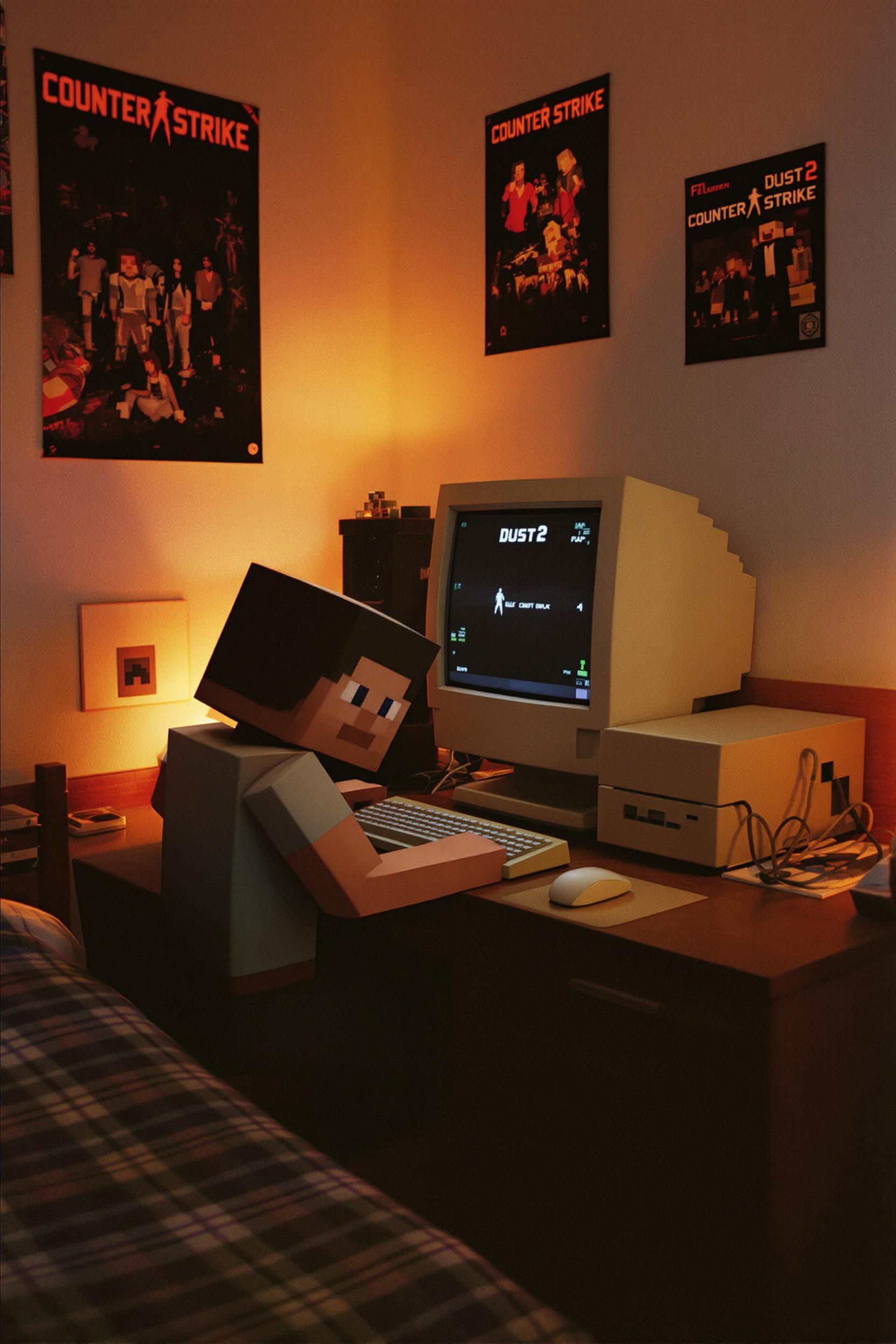 Analog Photo Of Blocky Steve From Minecraft Playing Counter STrike On A 90s Desktop PC In A Bedr