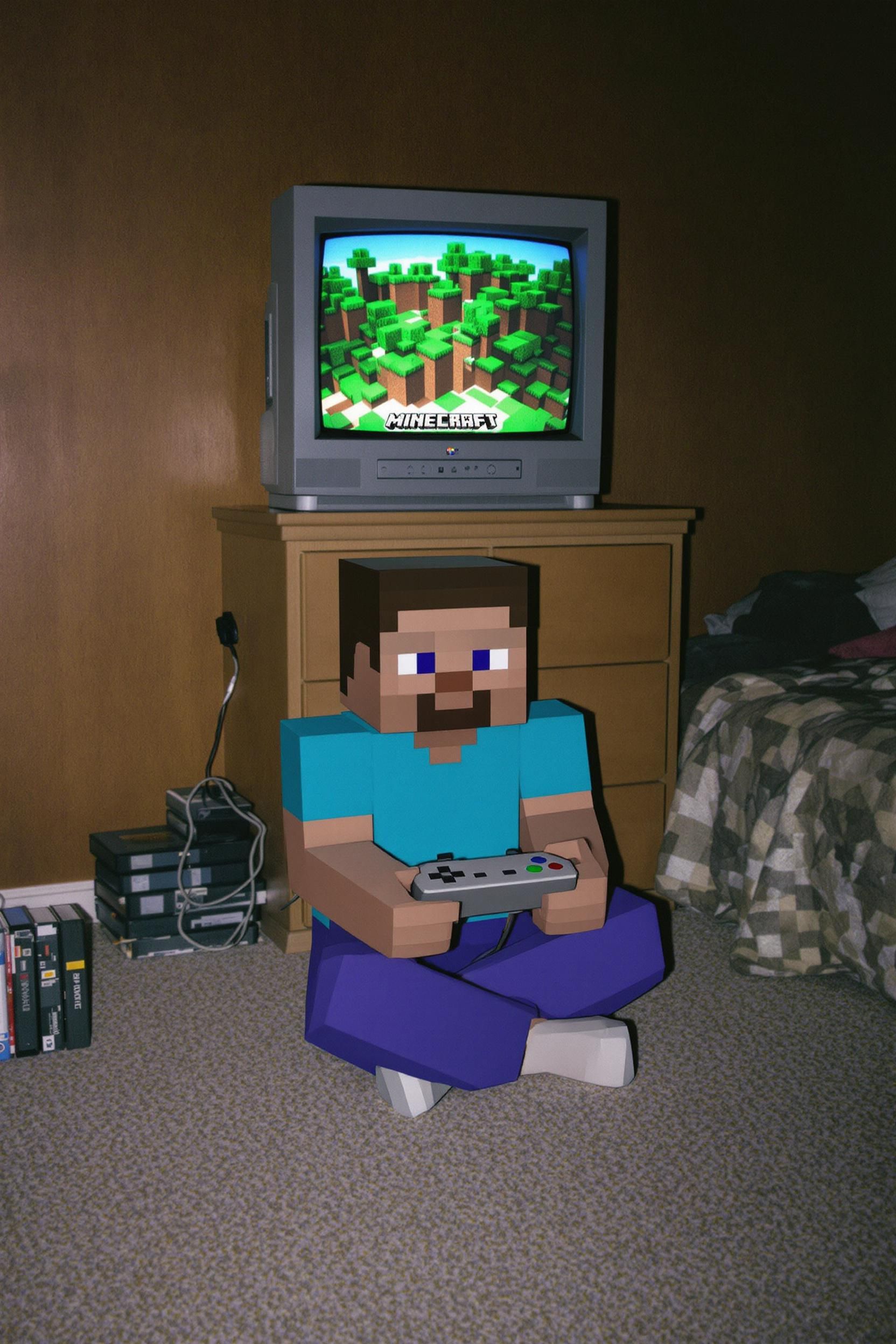 Analog Photo Of Blocky Steve From Minecraft Playing Minecraft On A 90s CRT TV In A Bedroom