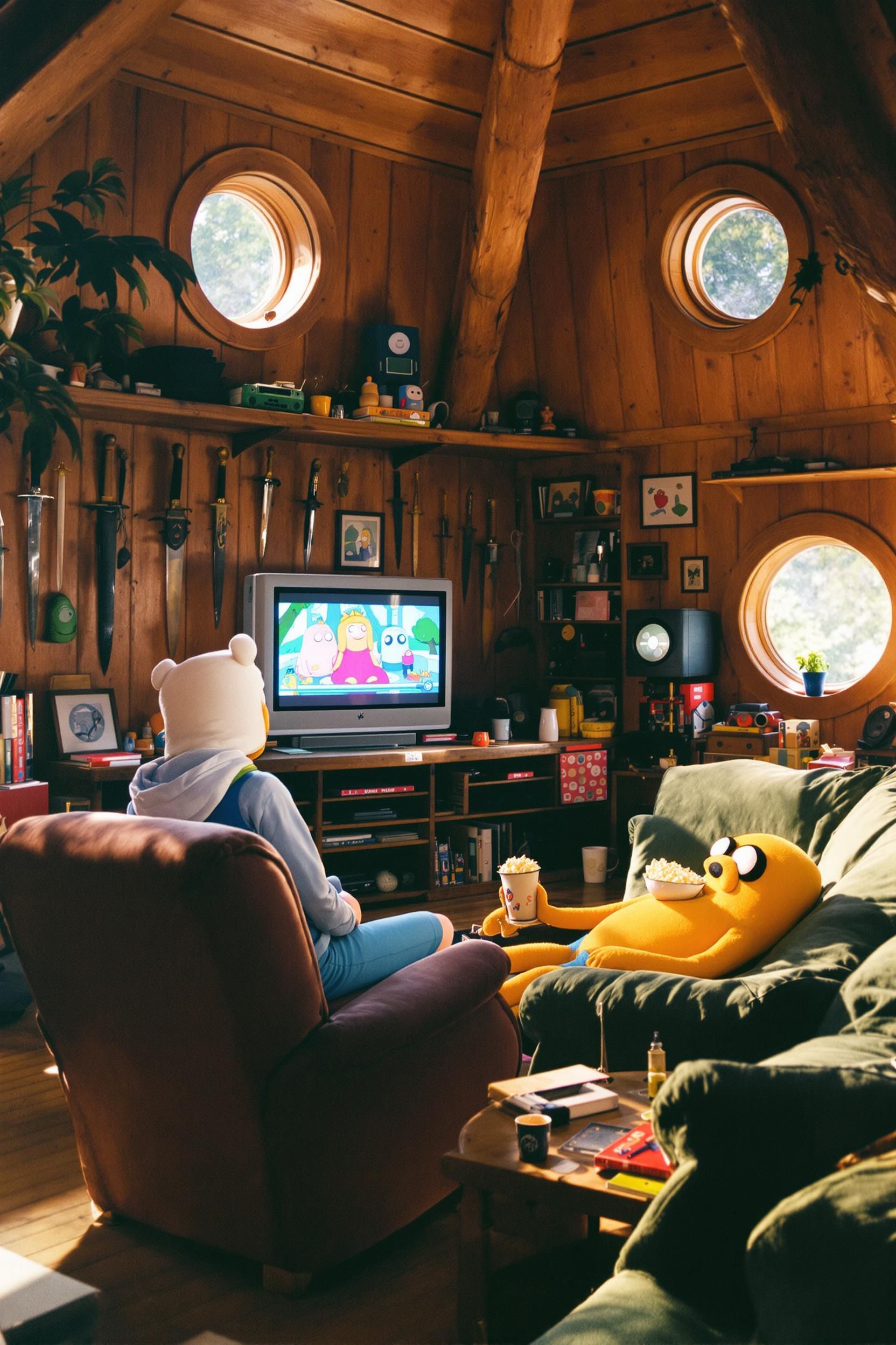 Analog Photo Of Finn The Human And Jake The Dog Hanging Out In Their Iconic Treehouse Living Roo