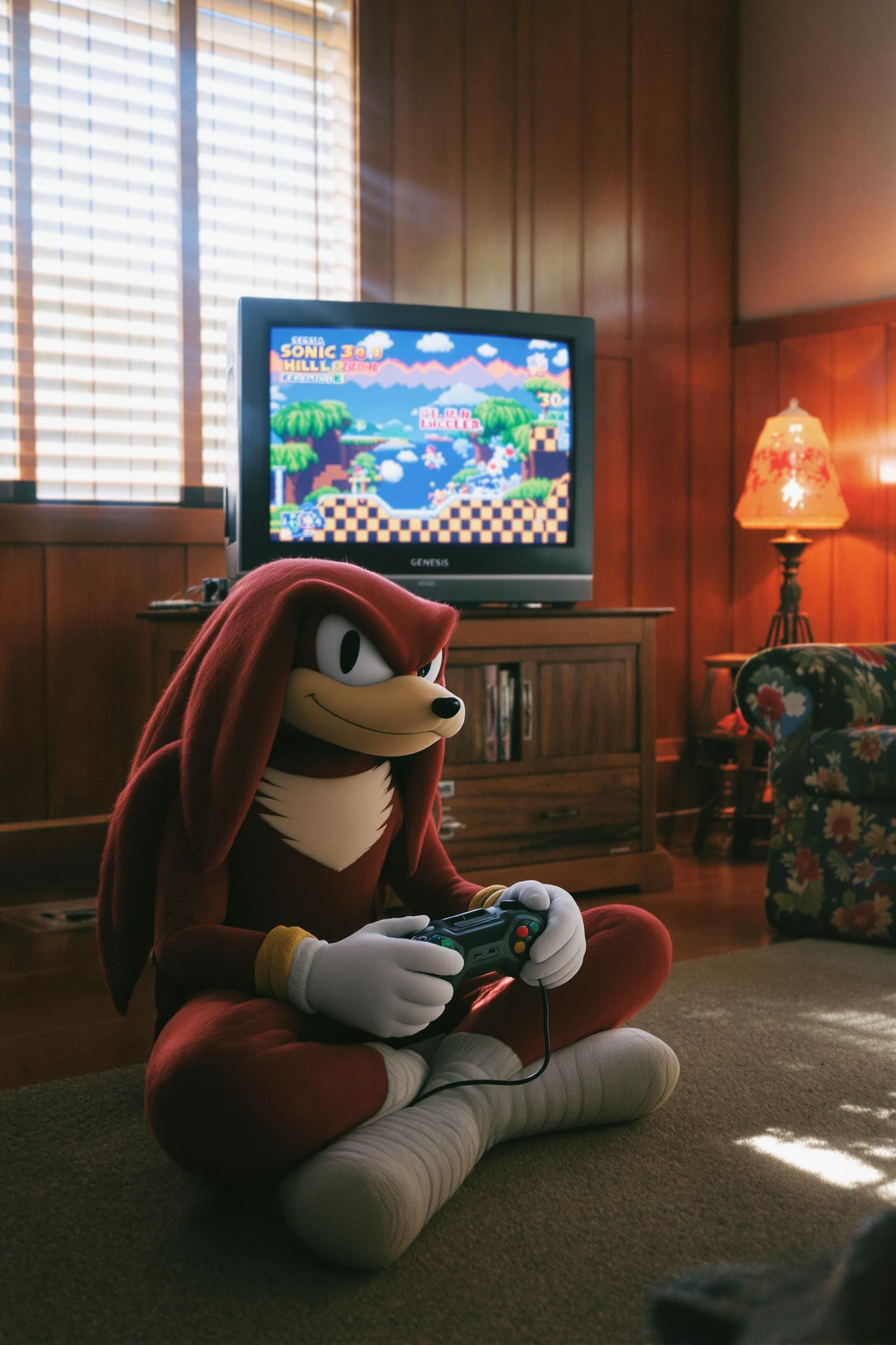 Analog Photo Of Knuckles From Sonic Playing A Colorful Sonic Game On A 90s CRT TV In A Living Ro