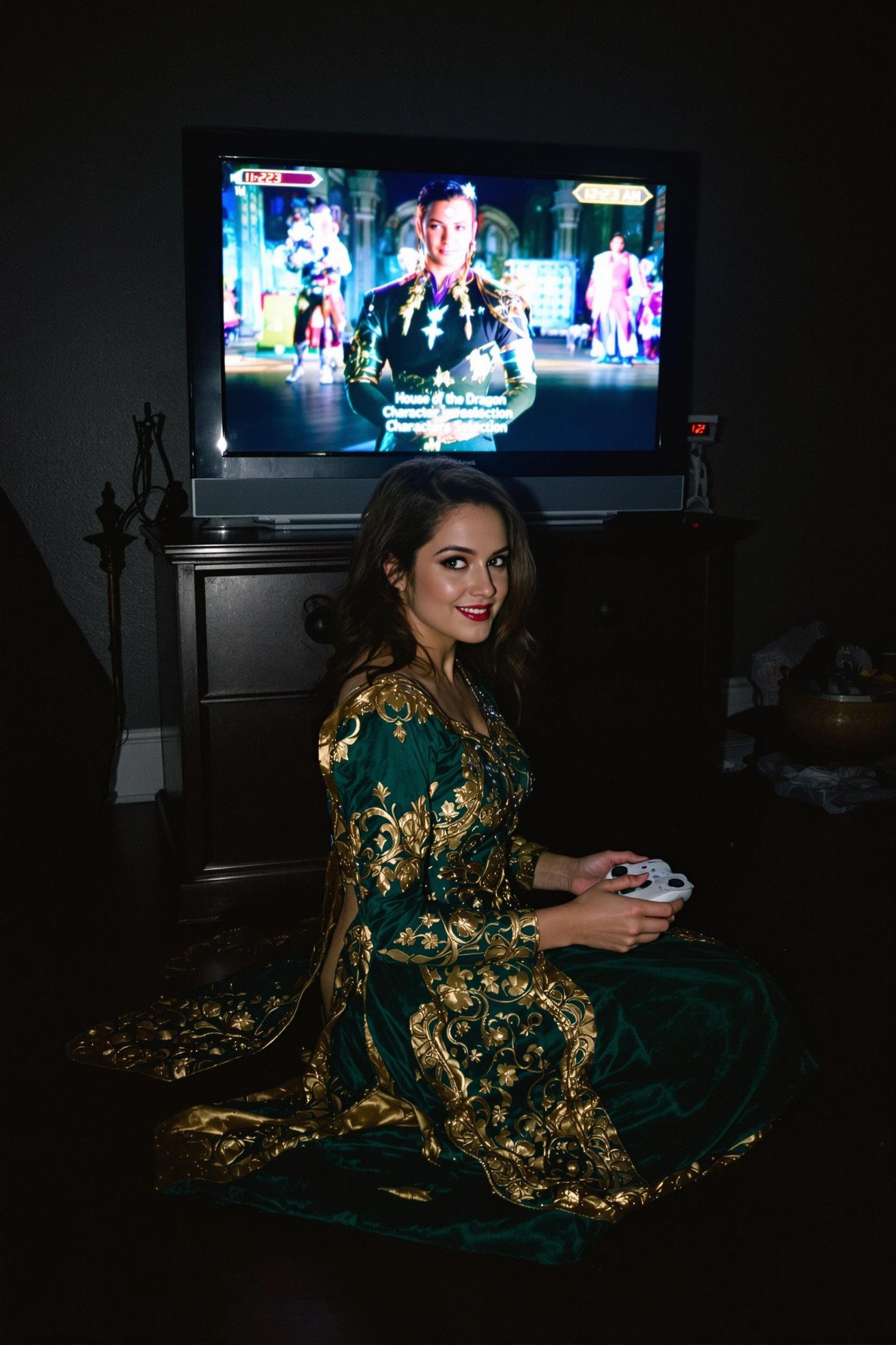 Analog Photo Of Olivia Cooke In Her Green Tunic/dress Outfit Playing House Of The Dragons On PS5