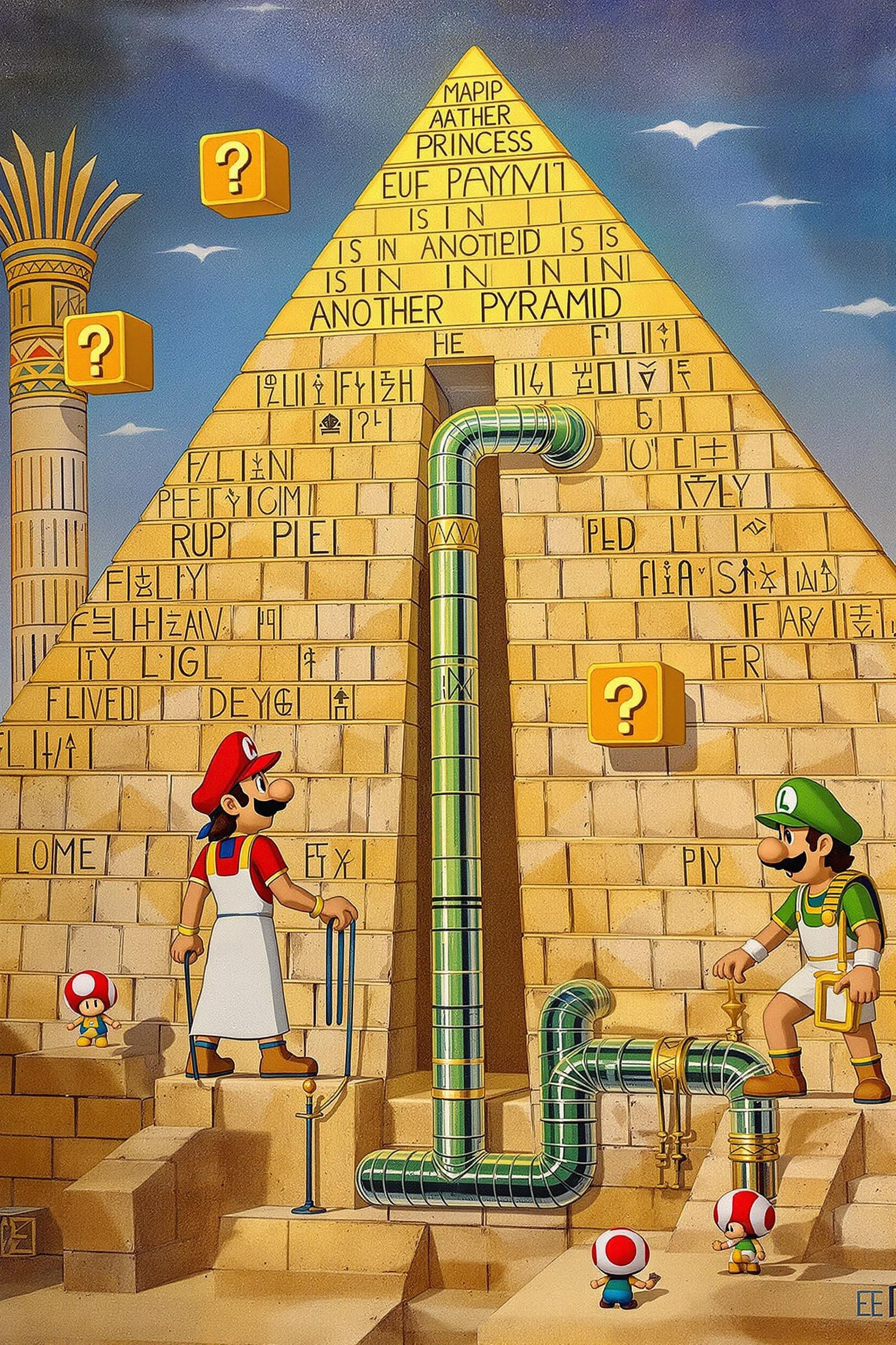 Ancient Egyptian Hieroglyphic Wall Painting Of Mario And Luigi Building The Pyramids