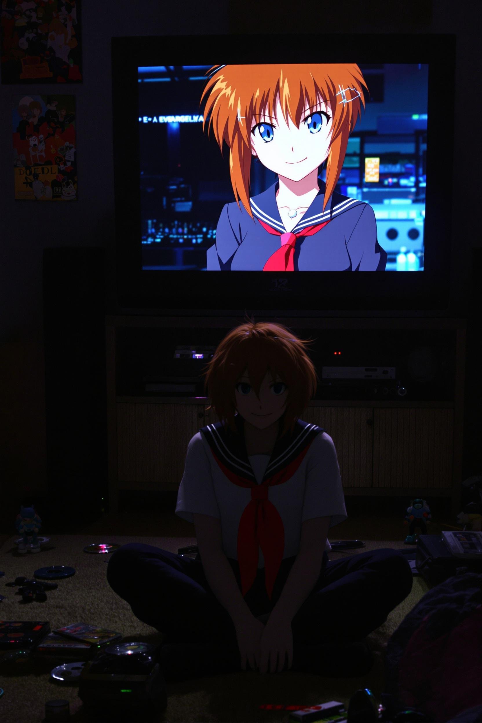 Asuka Langley (from Neon Genesis Evangelion) In 2004 Watching Her Own Anime On A 90s CRT TV In A
