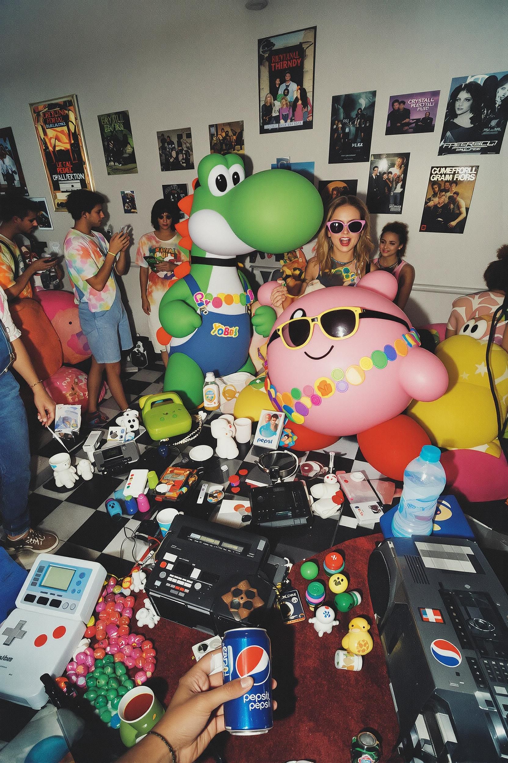 Authentic Bereal Image Of Kirby And Yoshi In A Nostalgic 90s House Party Wearing Sunglasses