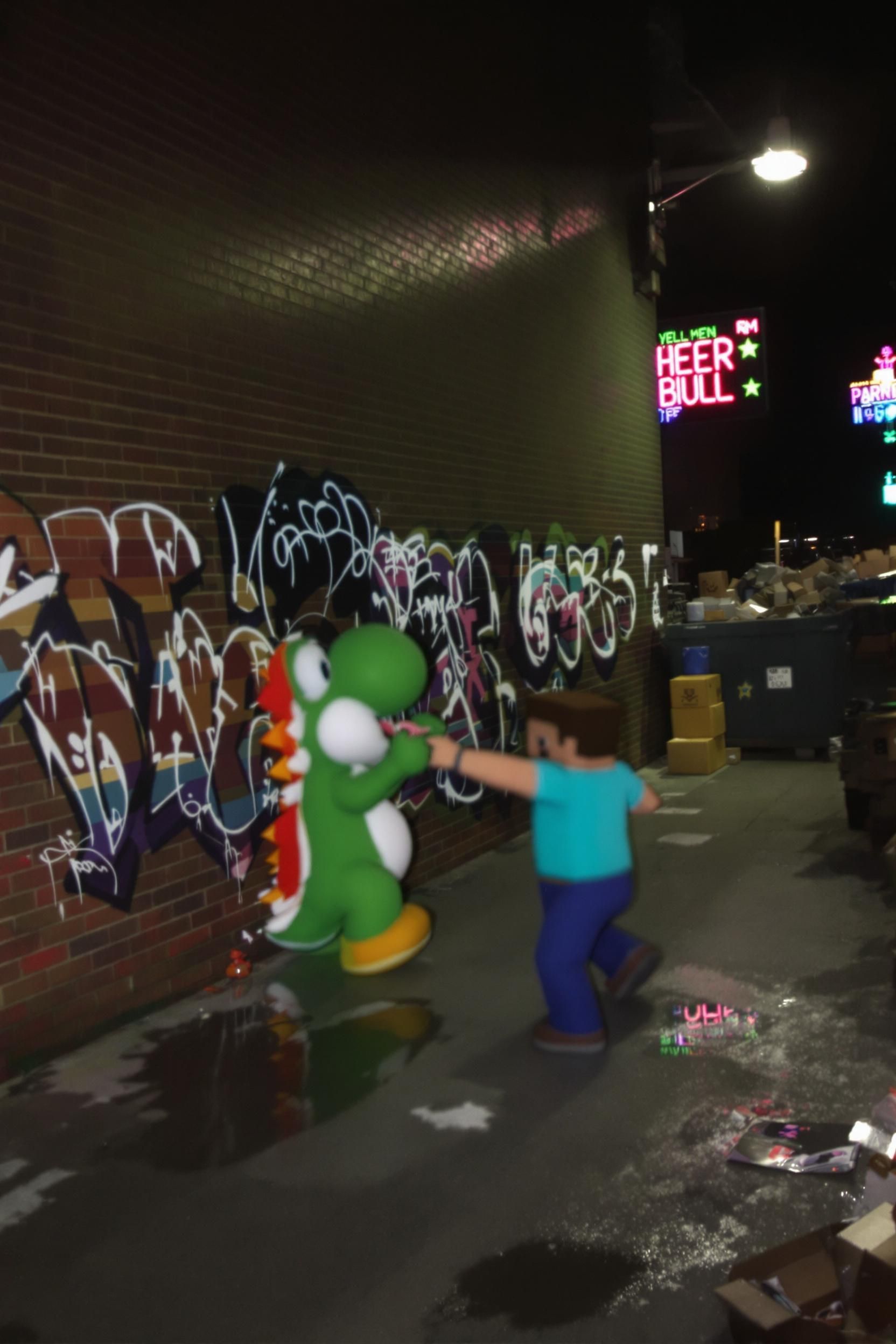 Blurry Iphone Hyperrealistic Footage Of Yoshi And Minecraft Steve Fighting In A Dingy Alleyway