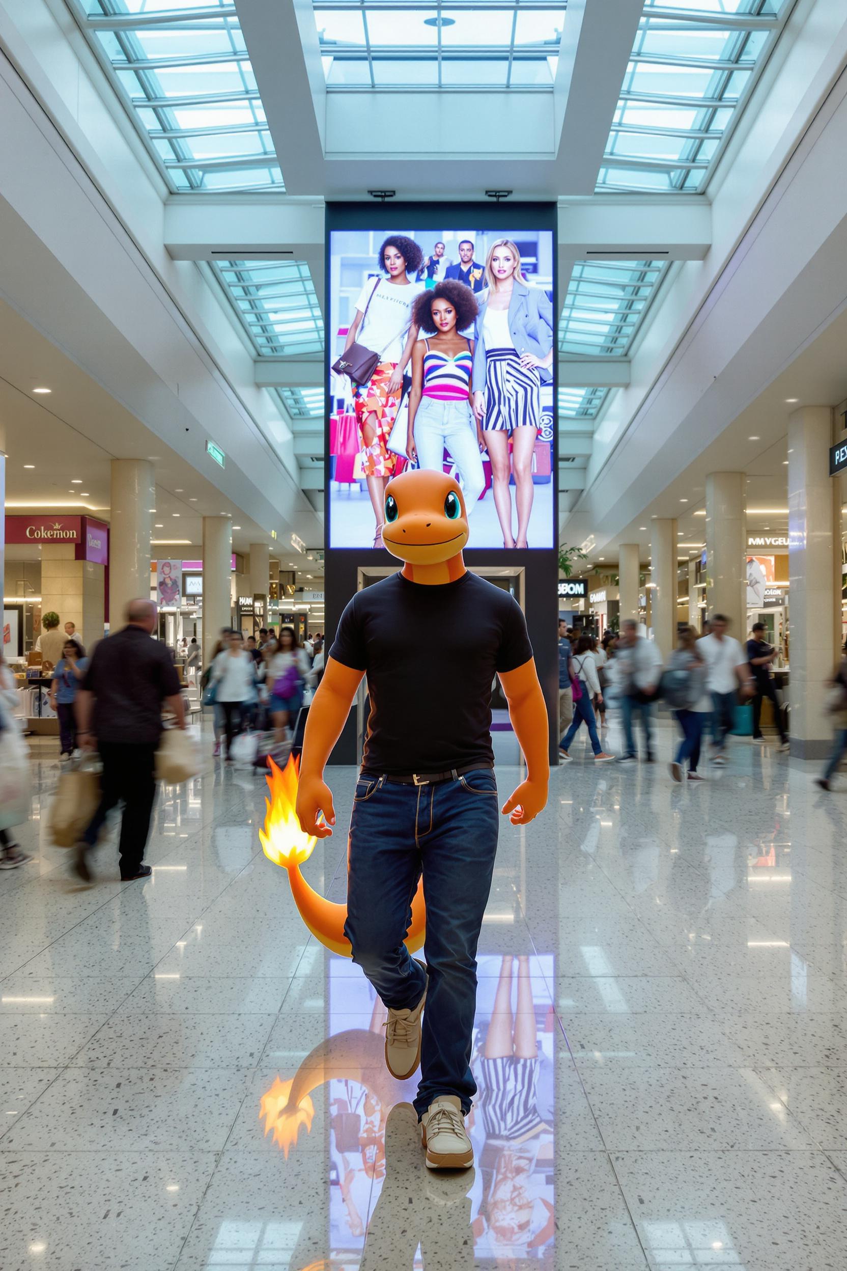 Charmander Tries On Pants And A T-shirt Of High Quality Image In The Shopping Center