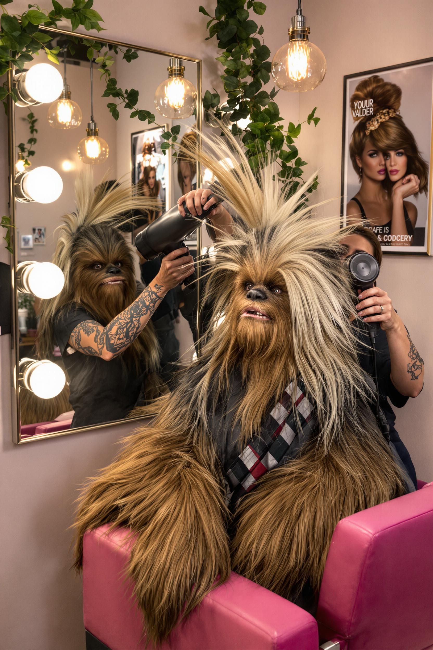 Chewbacca At A Hair Salon Getting A Blowout And Highlights
