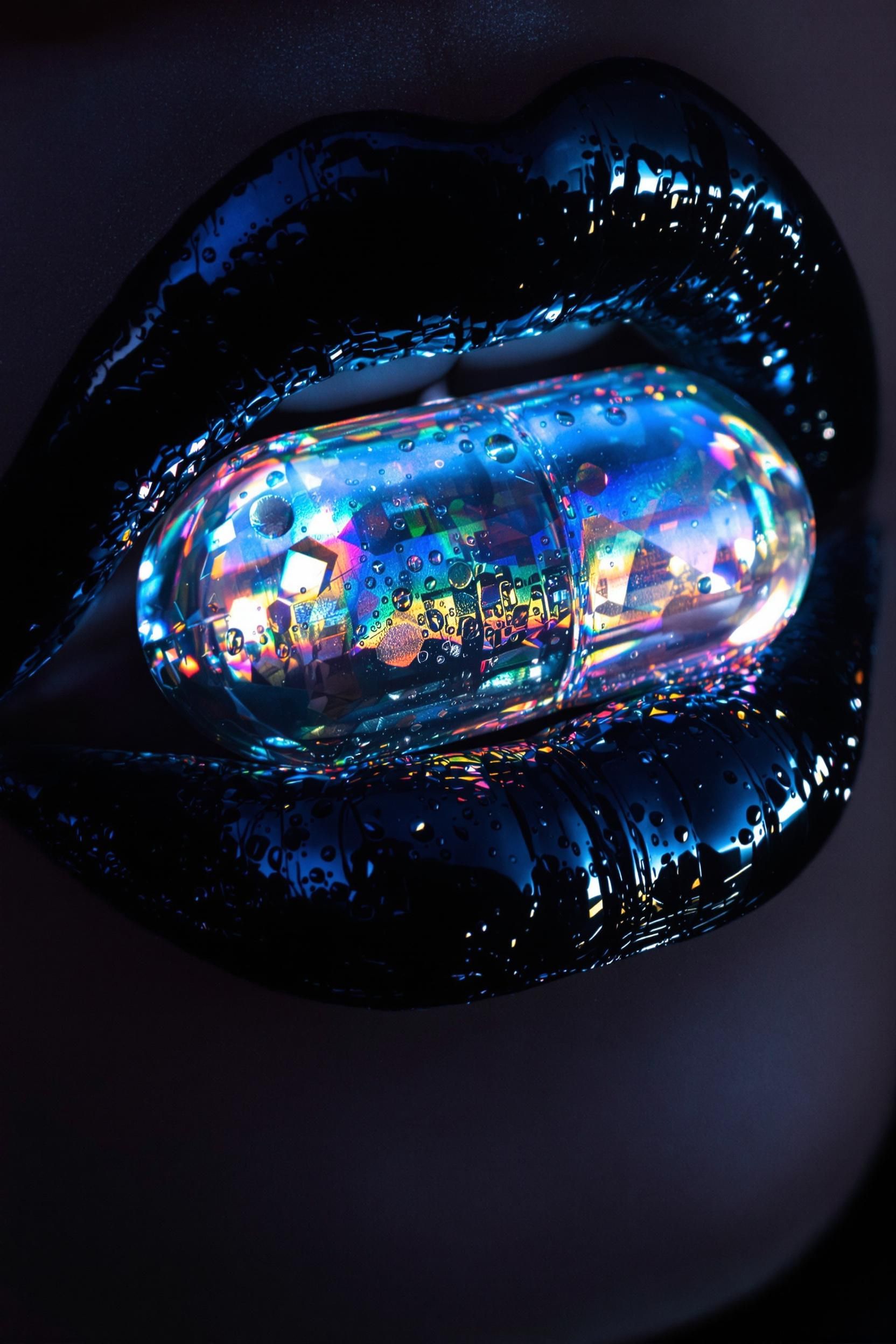 Close-up Of Glossy Black Lips With Iridescent And Holographic Highlights