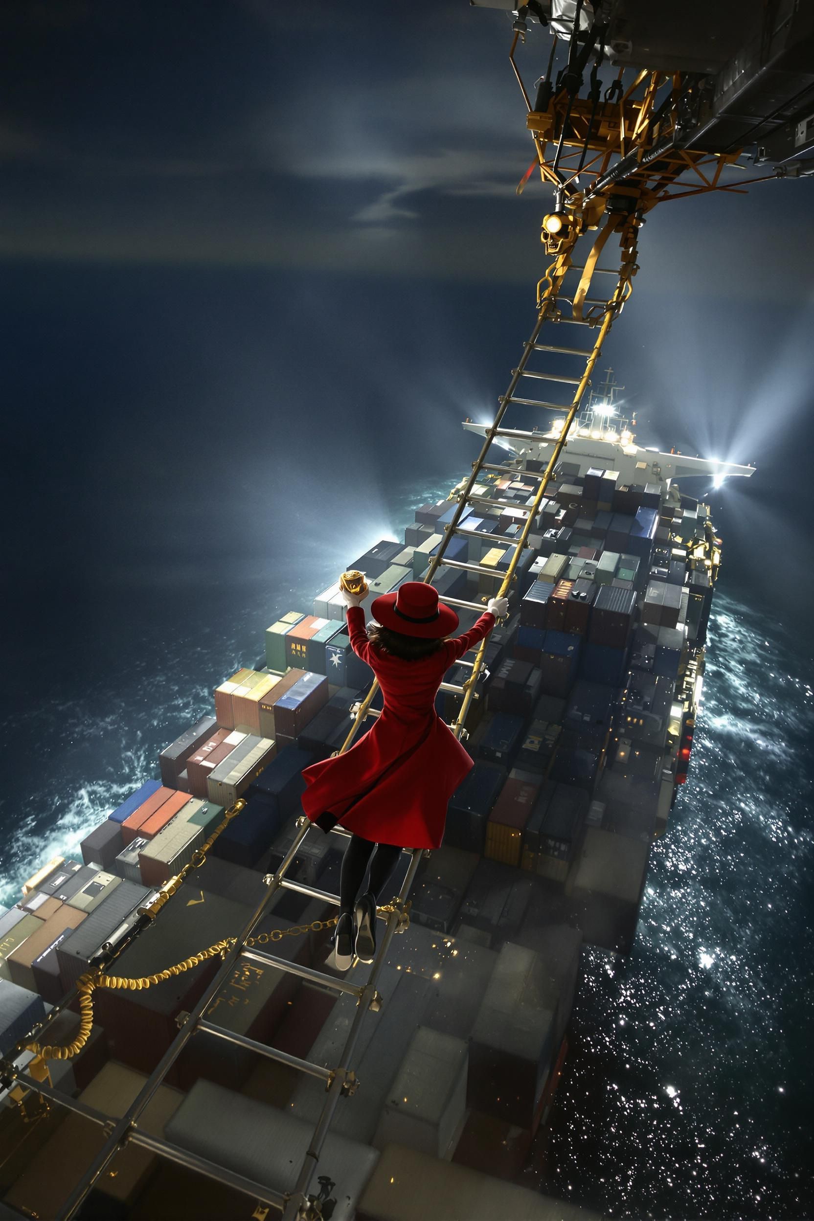 Create A Ultra High Definition Image Of A Replica Of Carmen Sandiego On A Cargo Ship With Aspect