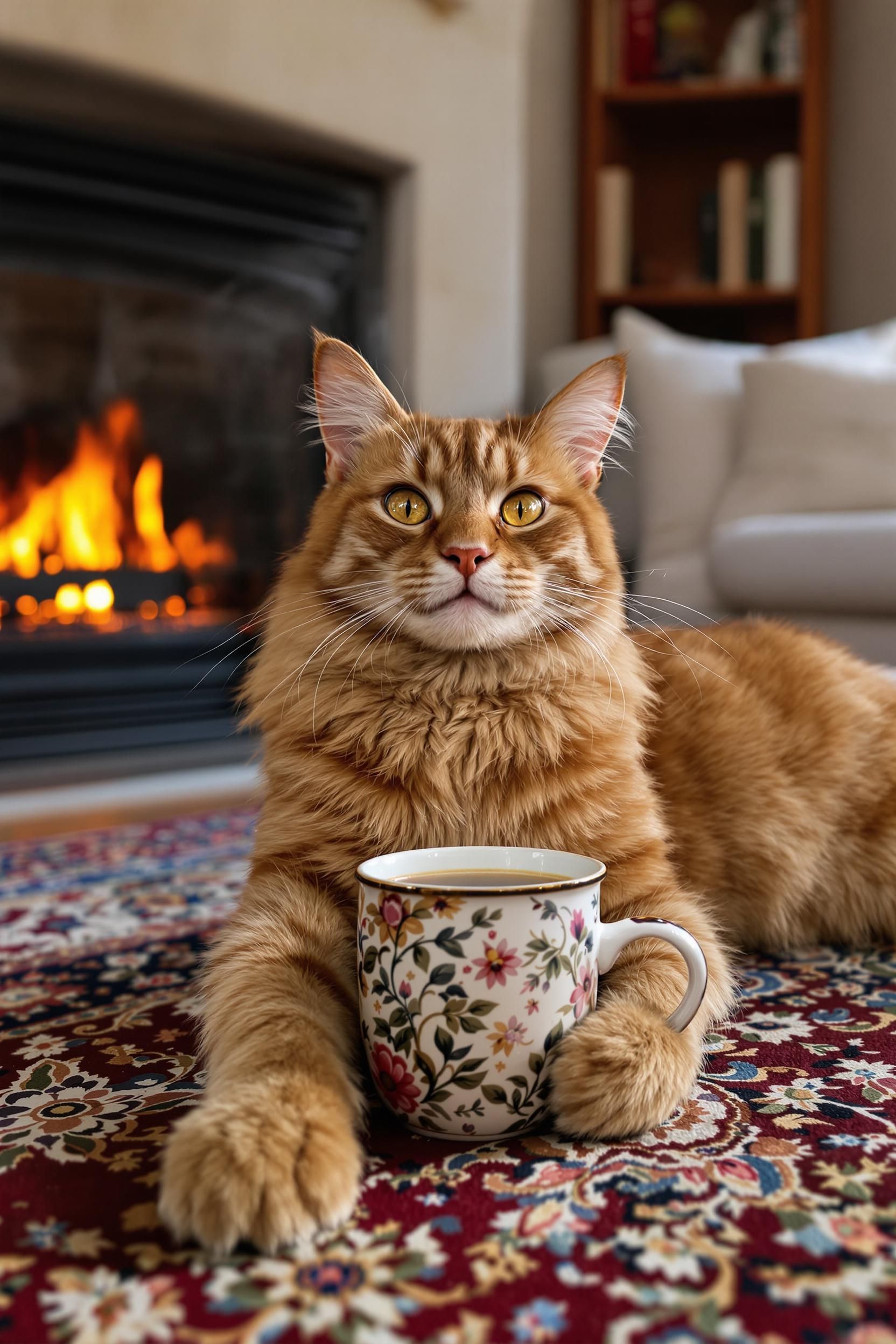 Create An Image If A Ginger Tabby Cat Laying Cozy With A Cup Of Coffee Between His Paws And A Ha