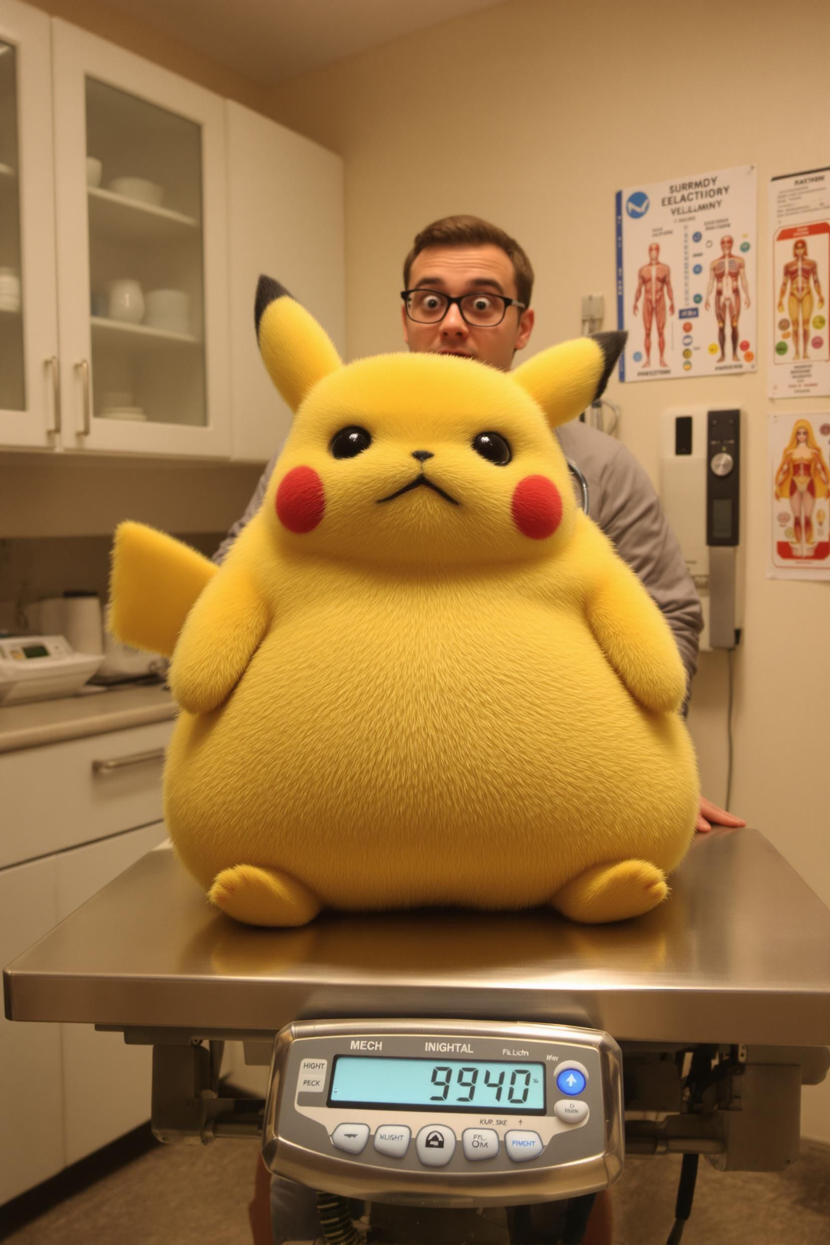 Cute Realistic FAT Pikachu At The Vet Getting Weighed On A Pet Scale