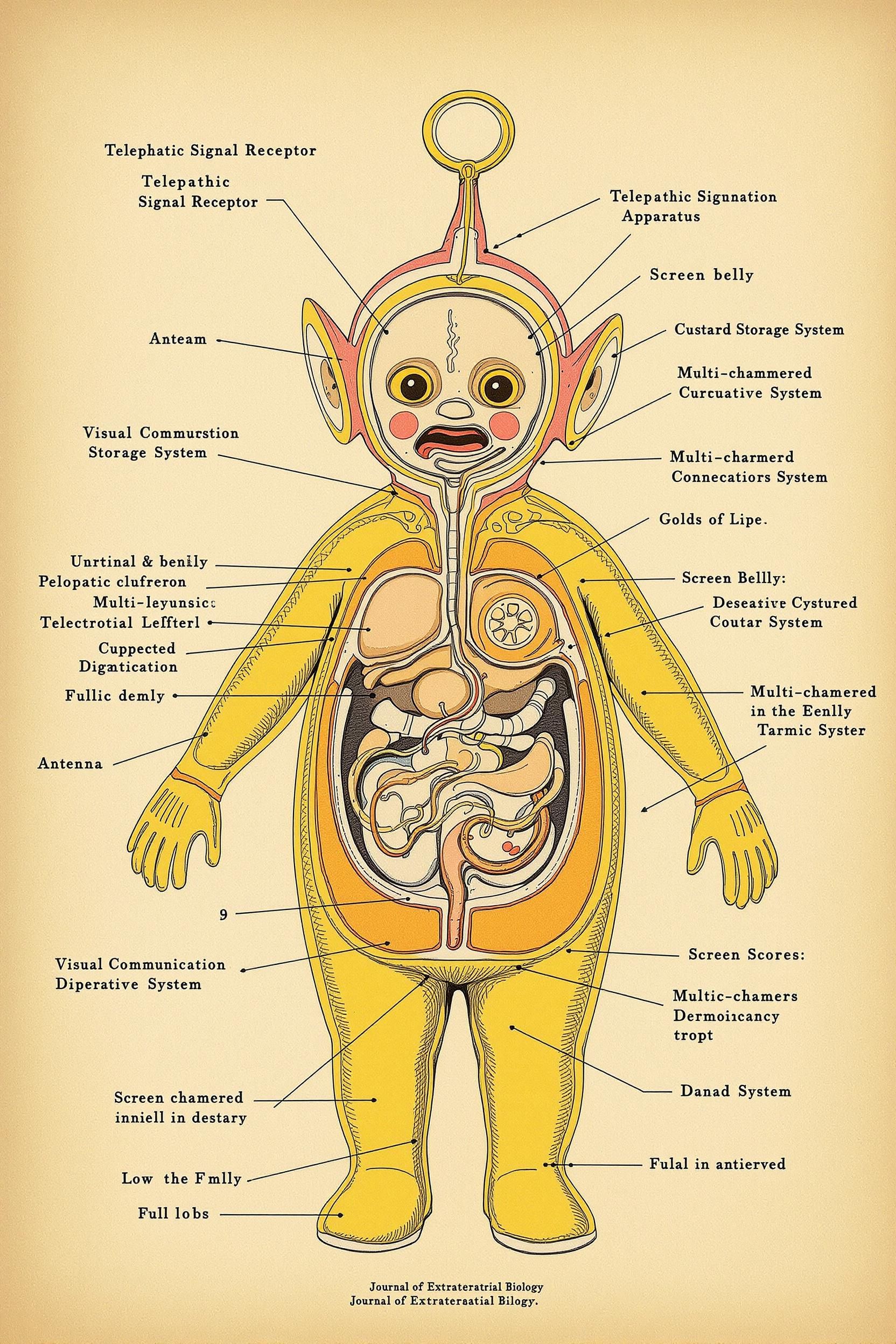 Detailed Scientific Diagram From 1950s Textbook Showing The Internal Anatomy Of A Teletubby