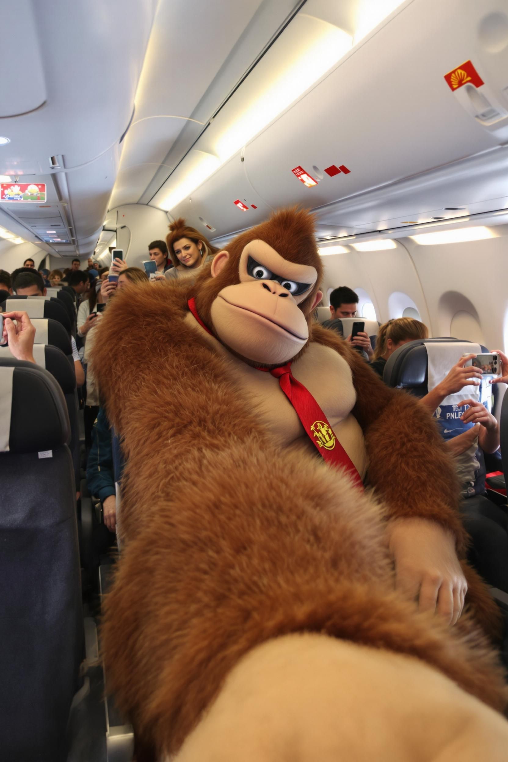 Donkey Kong Struggling To Find A Comfortable Position In A Tiny Economy Airplane Seat