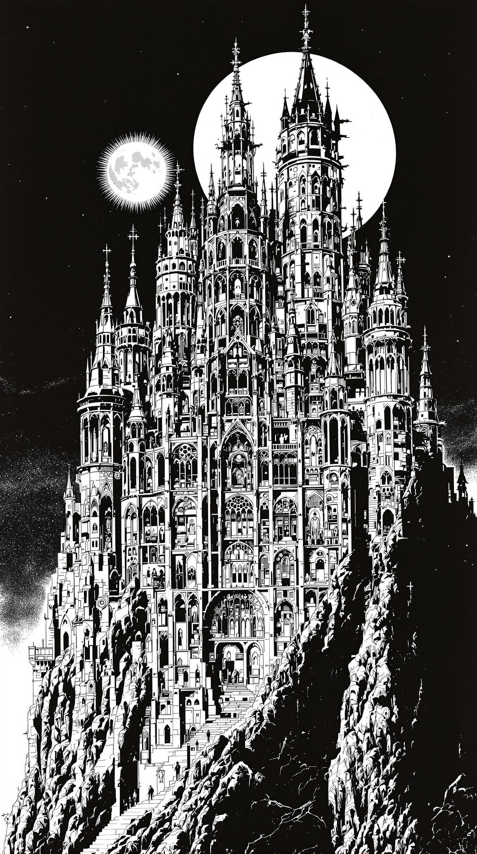 Dracula's Castle - Detailed Digital Diagram - Style Of Bernie Wrghtson And Wally Wood