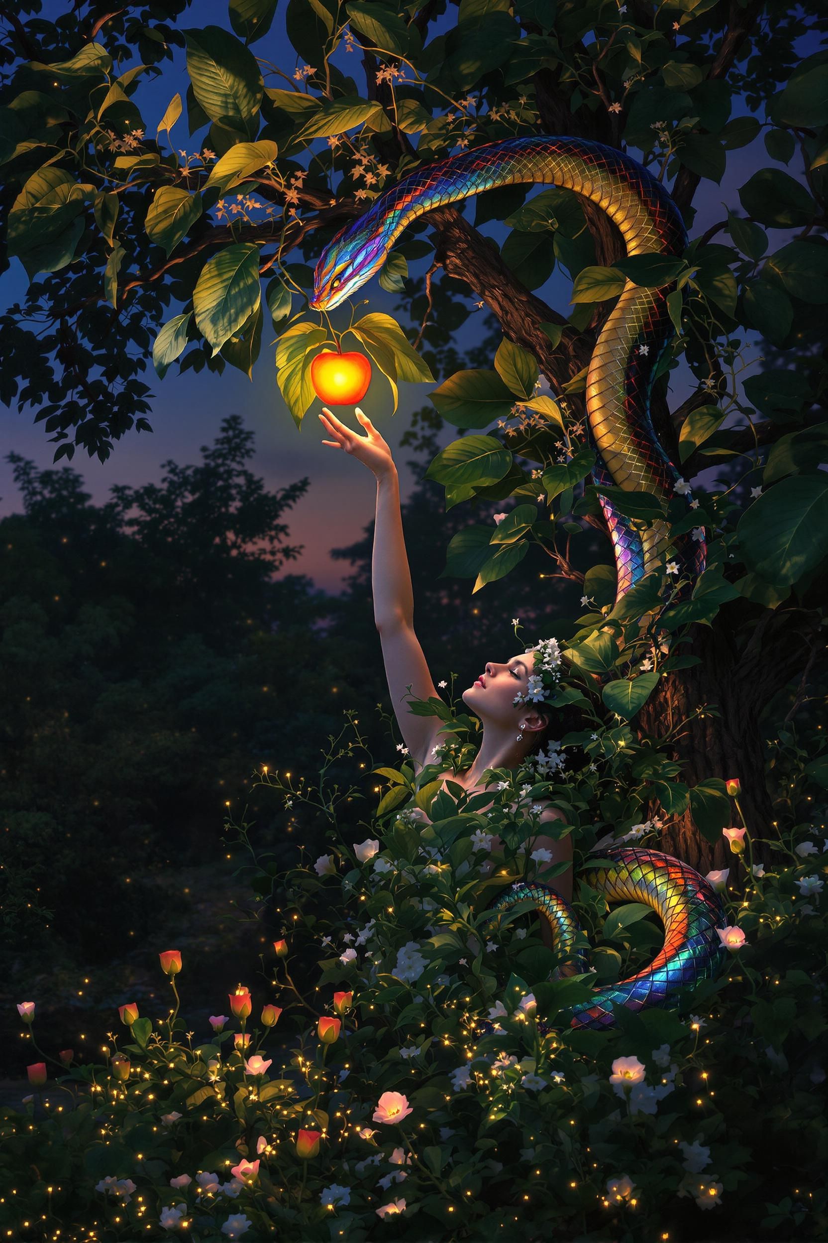 Eve Wearing Leafs For Clothes In The Garden Of Eden Reaching For An Apple While A Snake Is Comin