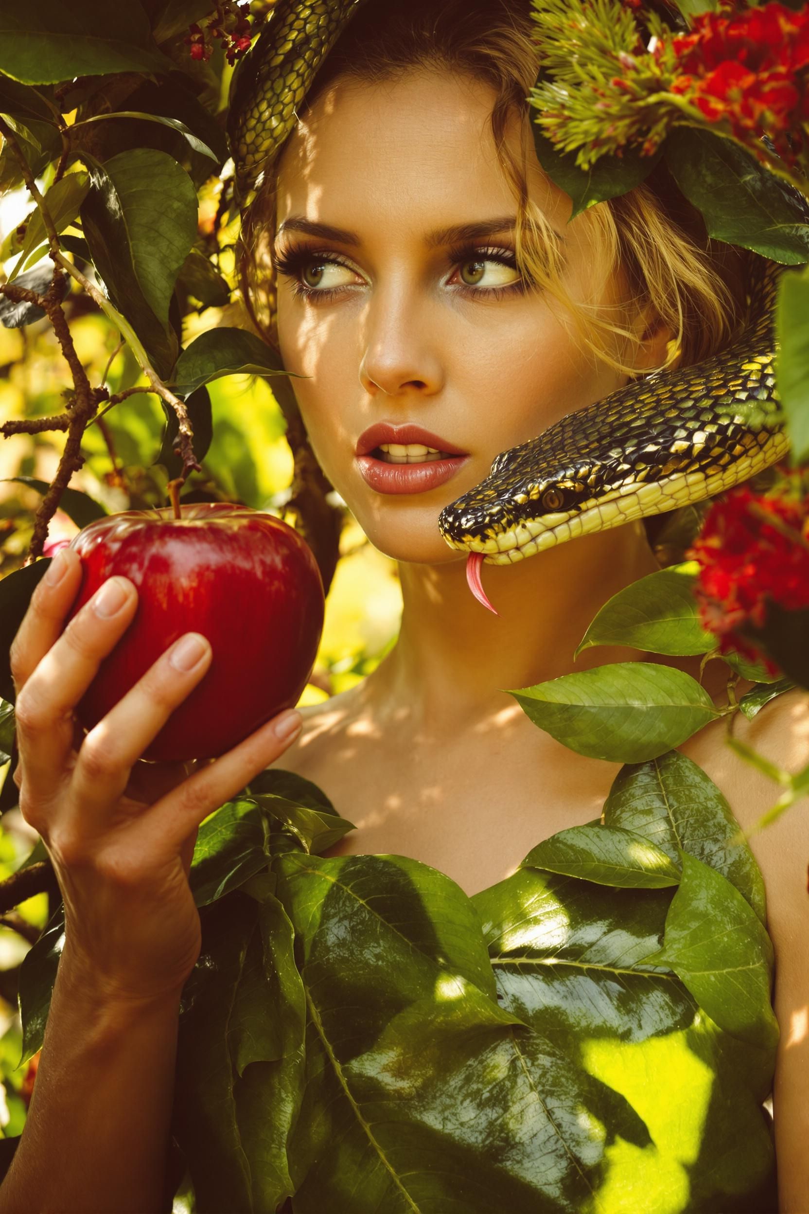Eve Wearing Leafs For Clothes In The Garden Of Eden Reaching For An Apple While A Snake Is Comin 2