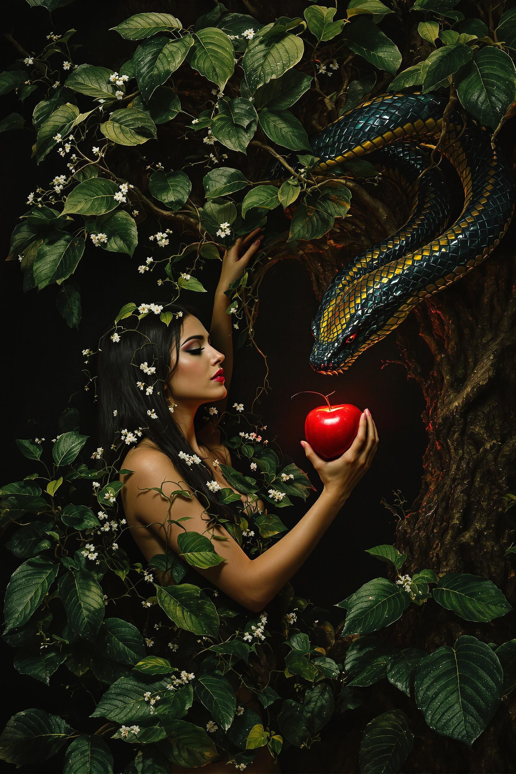 Eve Wearing Leafs For Clothes In The Garden Of Eden Reaching For An Apple While A Snake Is Comin