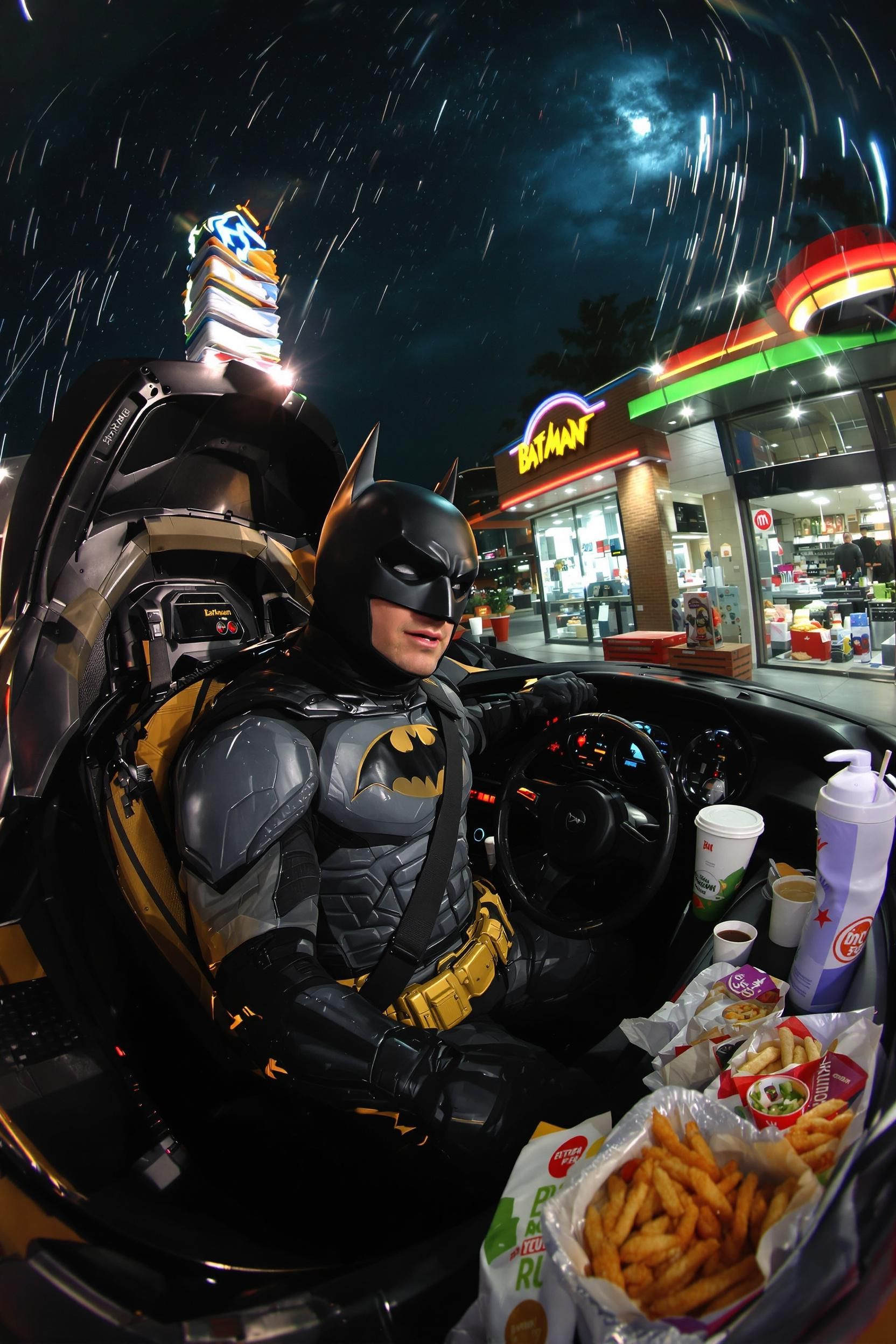 Fast Food Drive-thru Camera Catching Batman Ordering In The Batmobile
