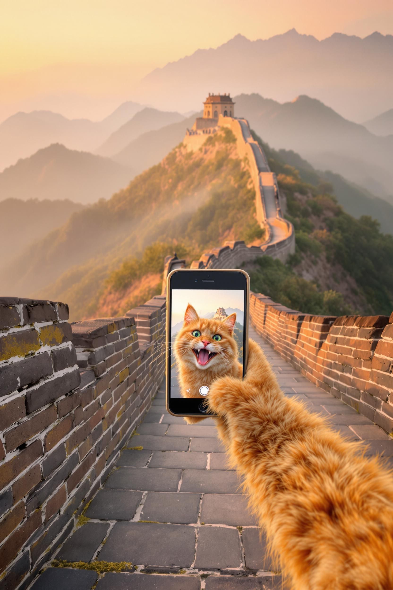 First-person POV Of A Fluffy Ginger Cat Taking A Selfie On The Great Wall