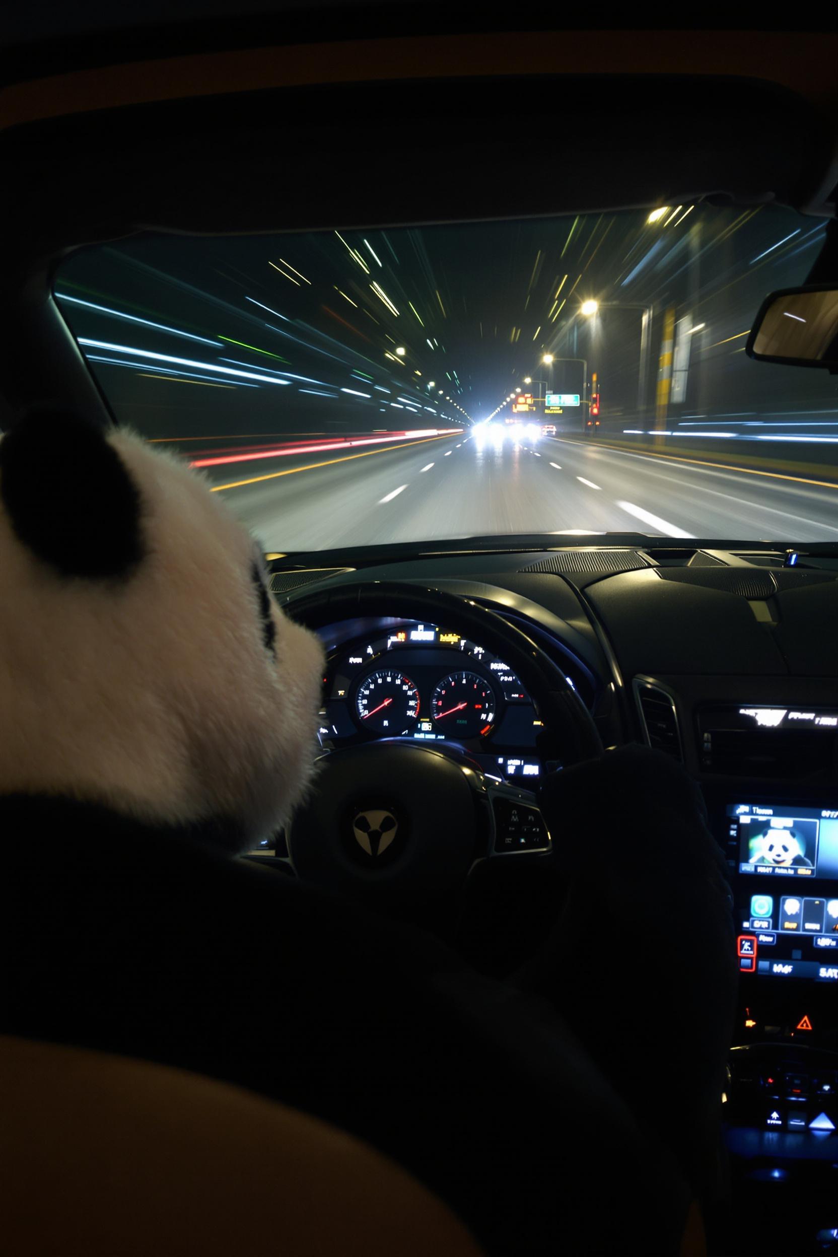 Footage Of A Panda Driving A Sports Car Erratically On A Highway At Night (live Action Style)