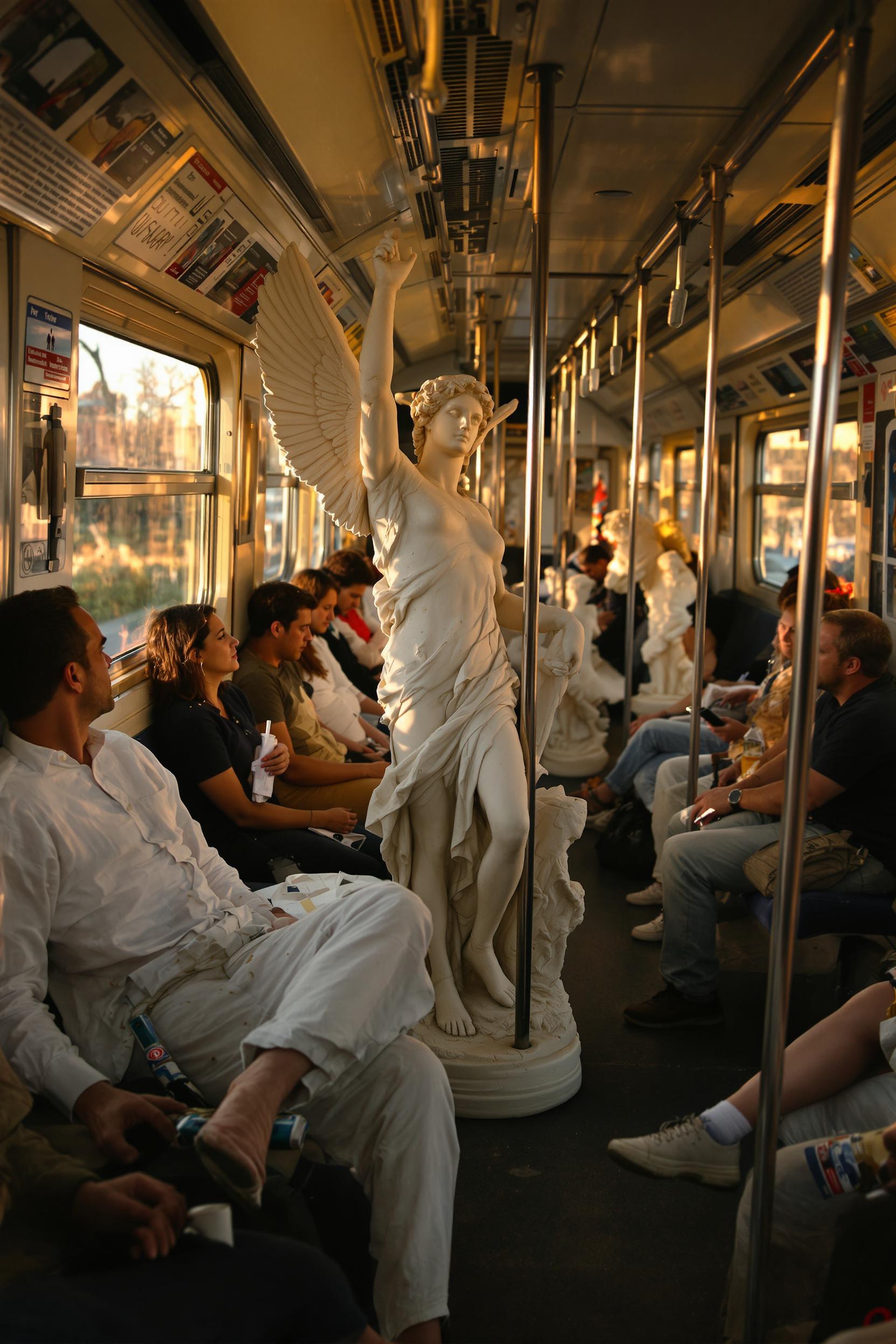 Greek Marble Statues Sitting In A Very Crowded Subway Train During Rush Hour