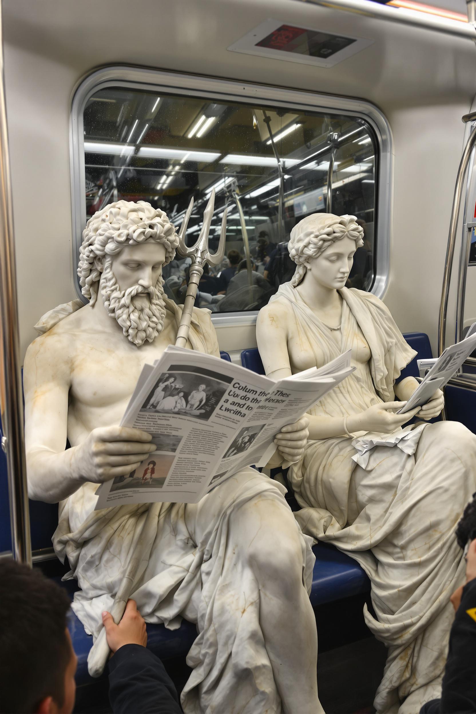 Greek Marble Statues Sitting In A Very Crowded Subway Train During Rush Hour 2