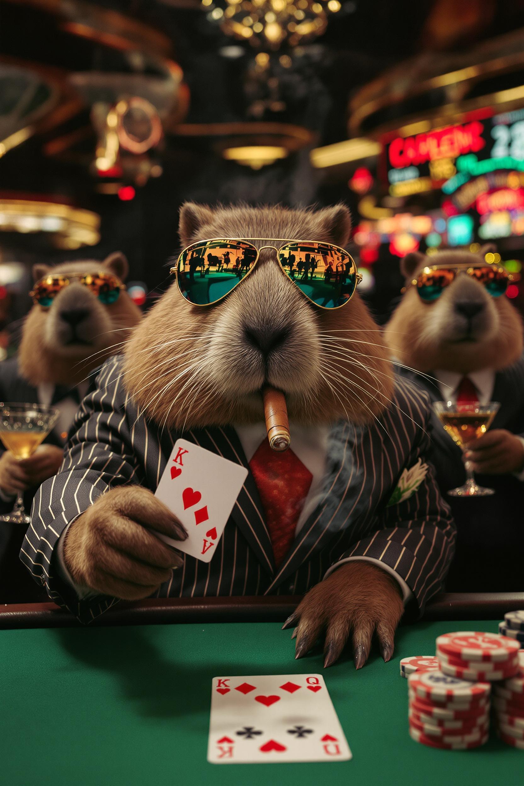 Group Of Capybaras Playing Cards In A Casino In Las Vegas Photo