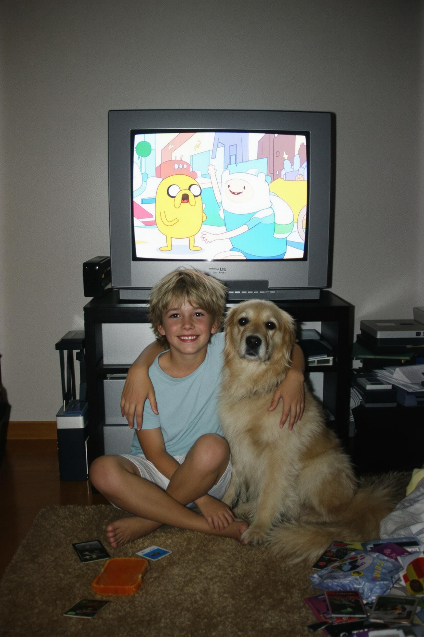 Grungy Analog Photo Of 10 Year Old Finn And Jake (golden Retriever) From Adventure Time In 2012