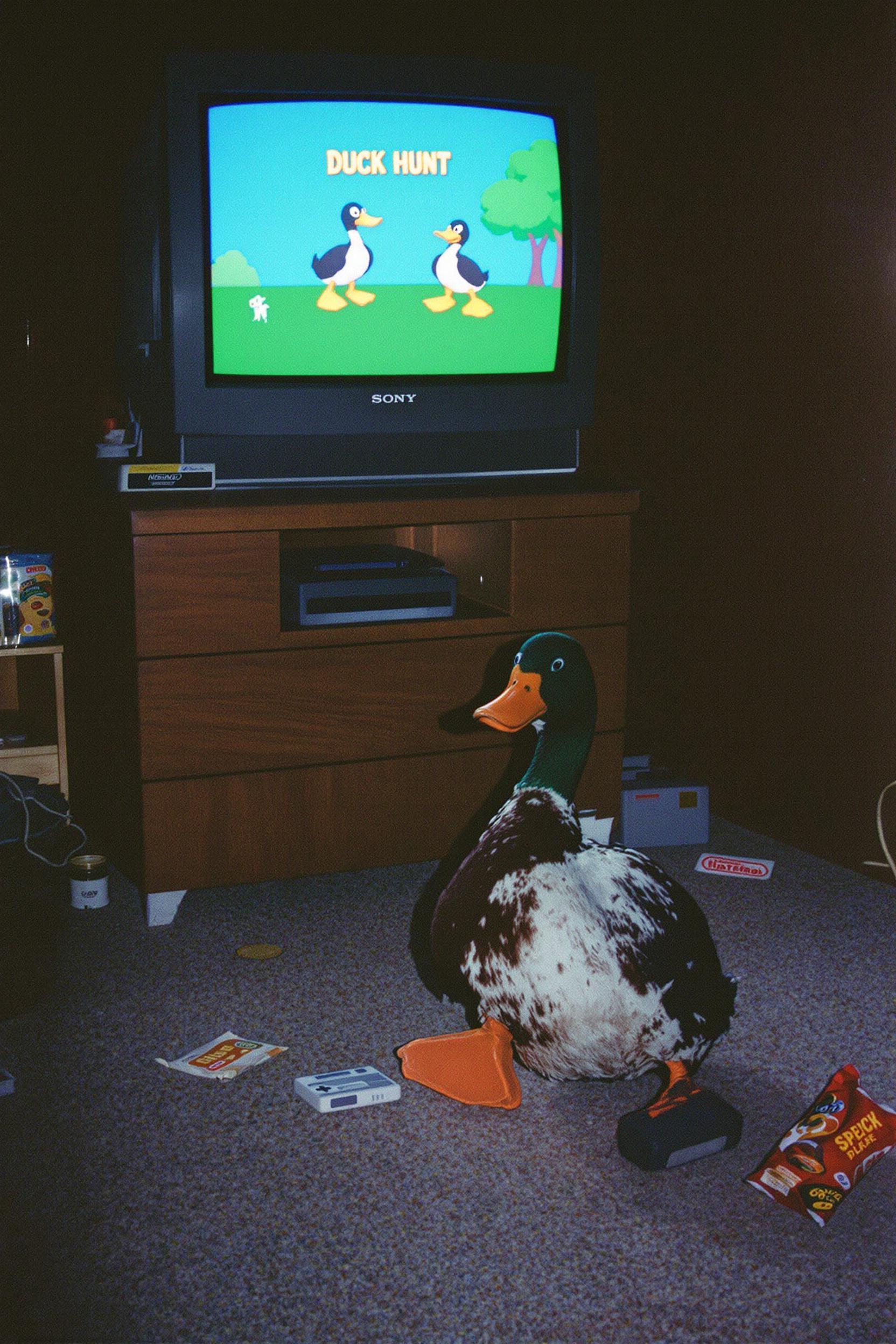 Grungy Analog Photo Of A Duck Playing Duckhunter On A 90s CRT TV In A Dimly Lit Bedroom