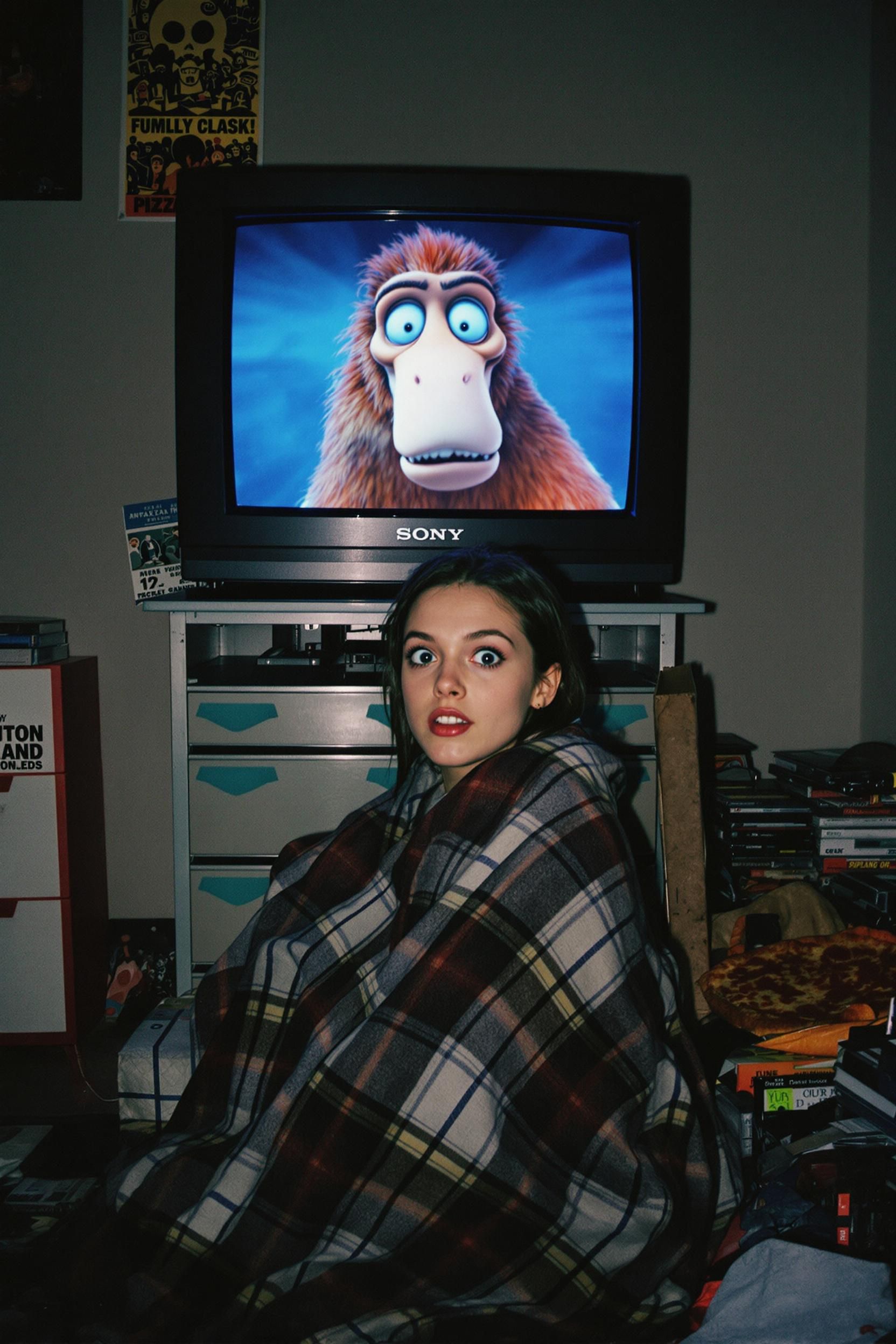 Grungy Analog Photo Of Anya Taylor-Joy In 1994 Watching Sid The Sloth From The Movie Ice Age On