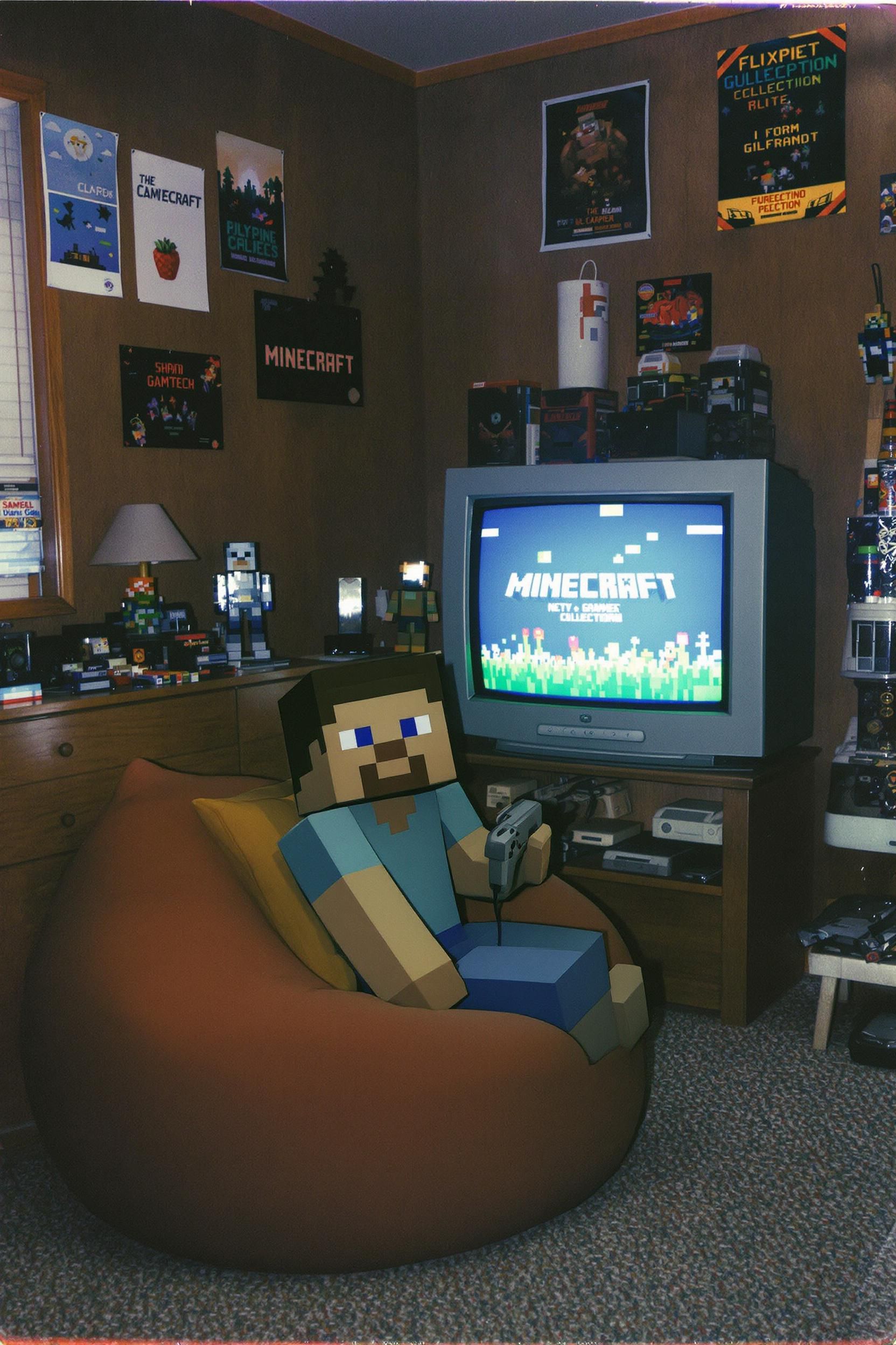 Grungy Analog Photo Of Blocky Steve From Minecraft Playing Minecraft On A 90s CRT TV In A Dimly