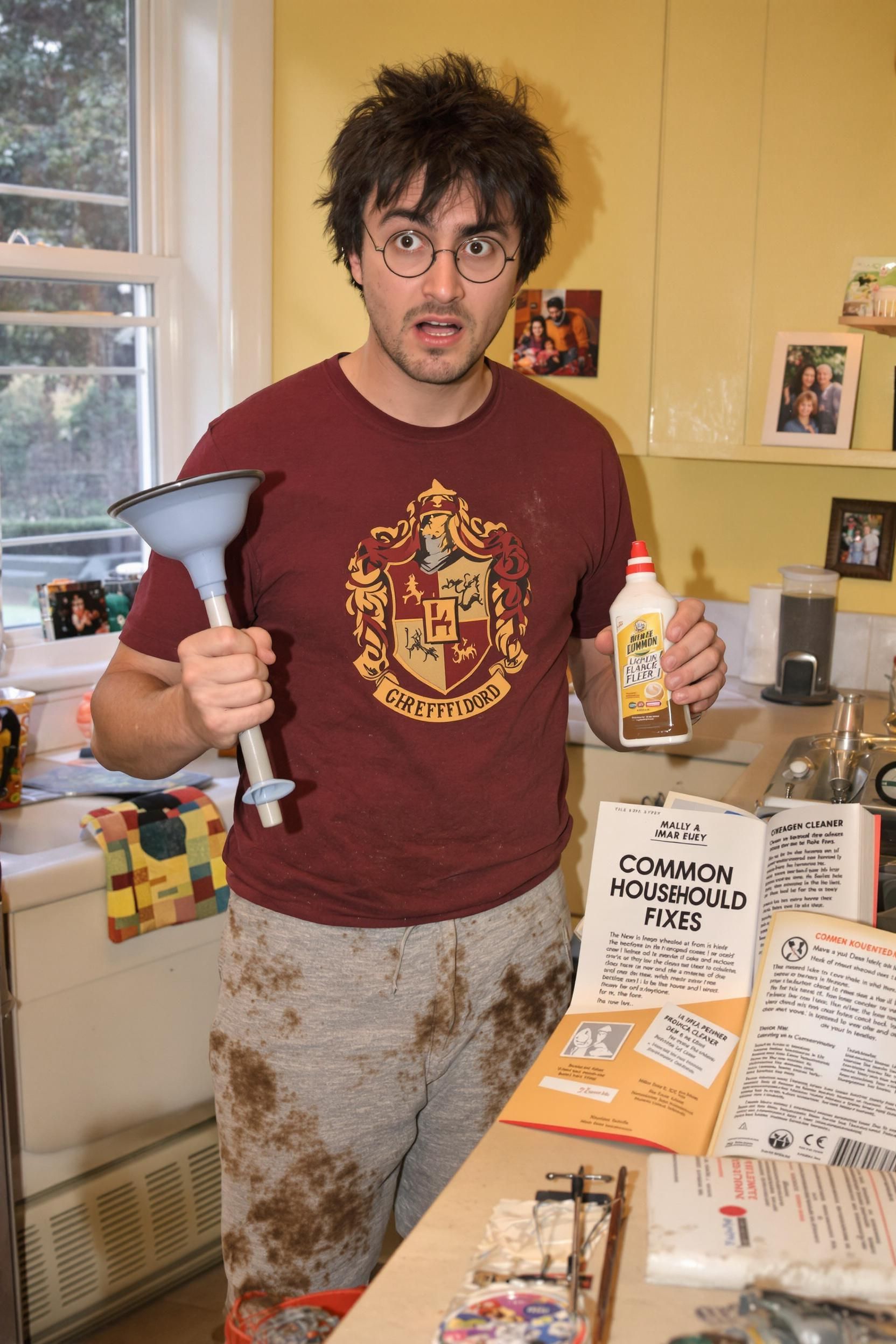 Harry Potter In His Mid-30s Standing In The Kitchen Of His Suburban Home Trying To Unclog A Sink