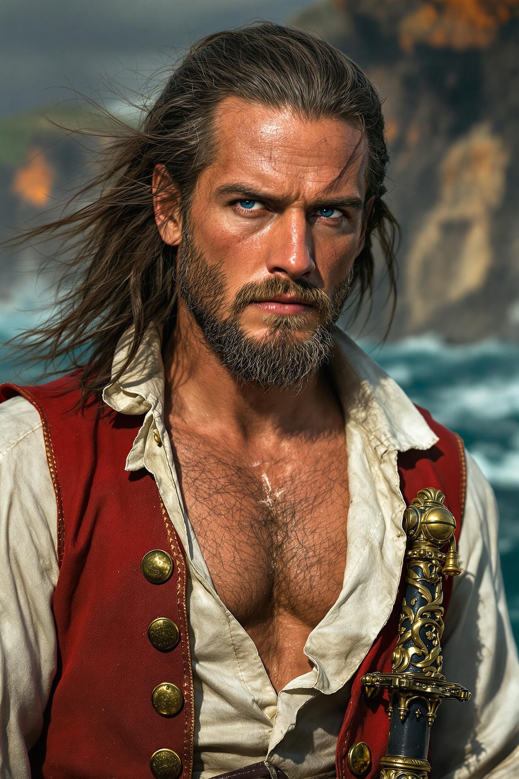 Holding A Rapier An Adult Male Pirate With Long Swept Back Brown Hair