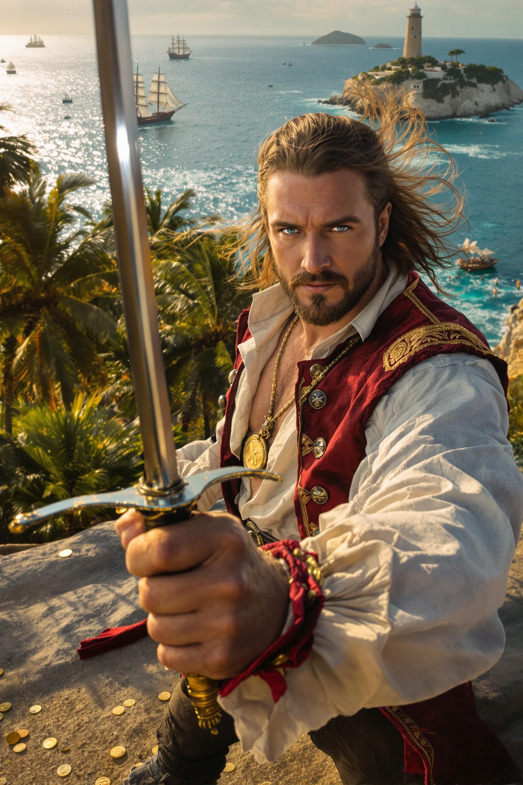 Holding A Rapier An Adult Male Pirate With Long Swept Back Brown Hair 2