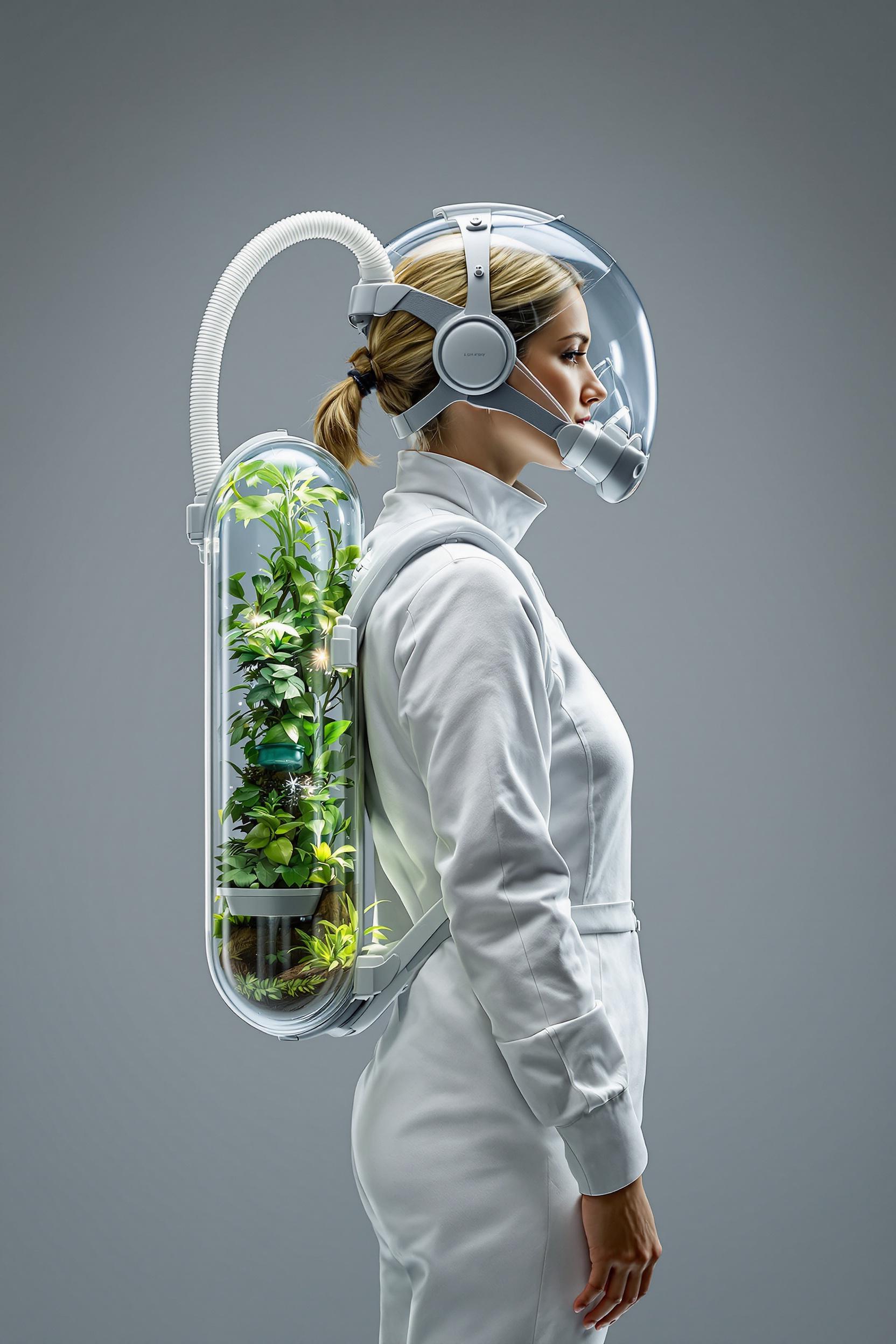 Hyper Realistic Digital Render Of A Woman Wearing A Plastic Canister On Her Back