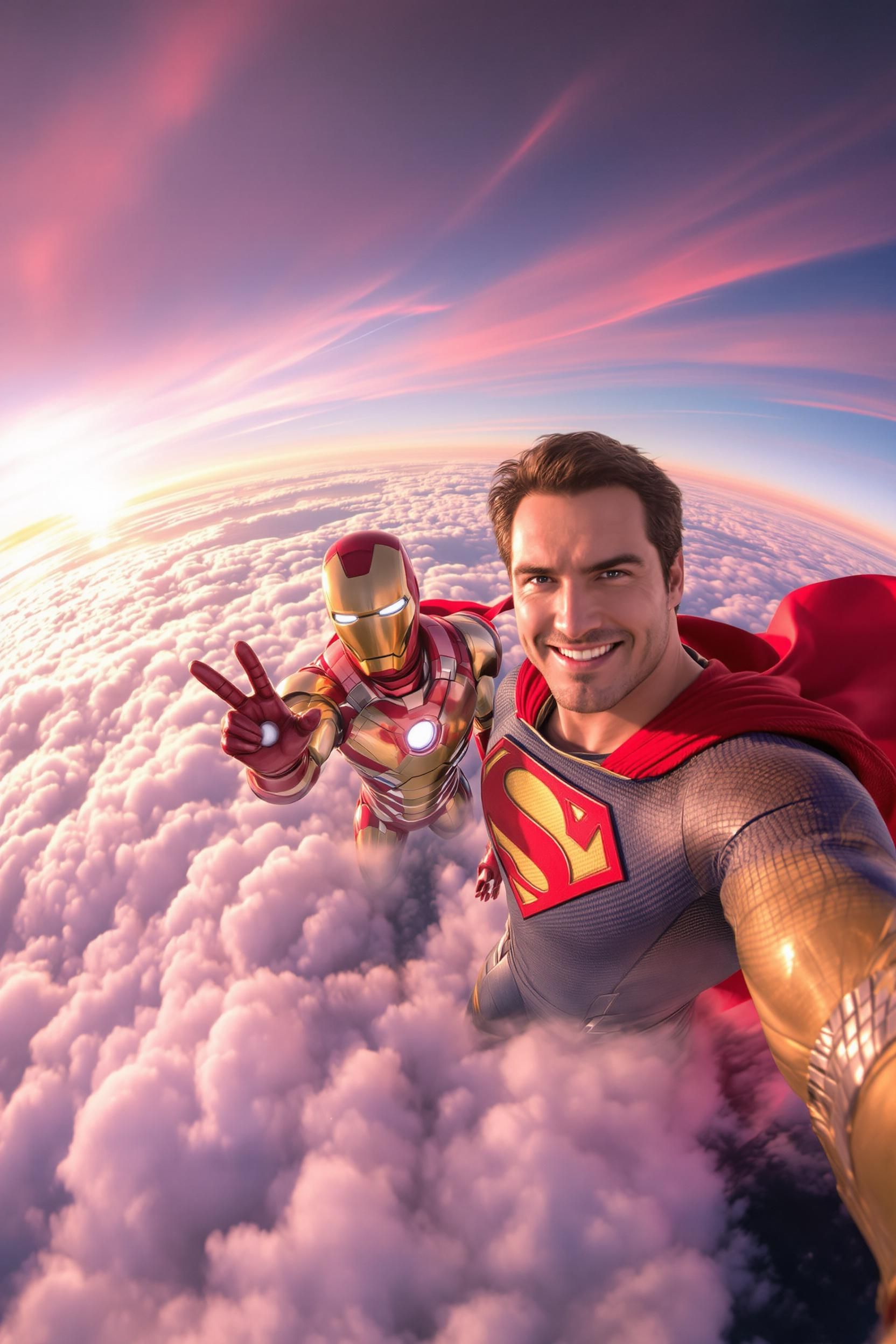 Iron Man Taking A Selfie With Superman In The Sky Far Above The Clouds