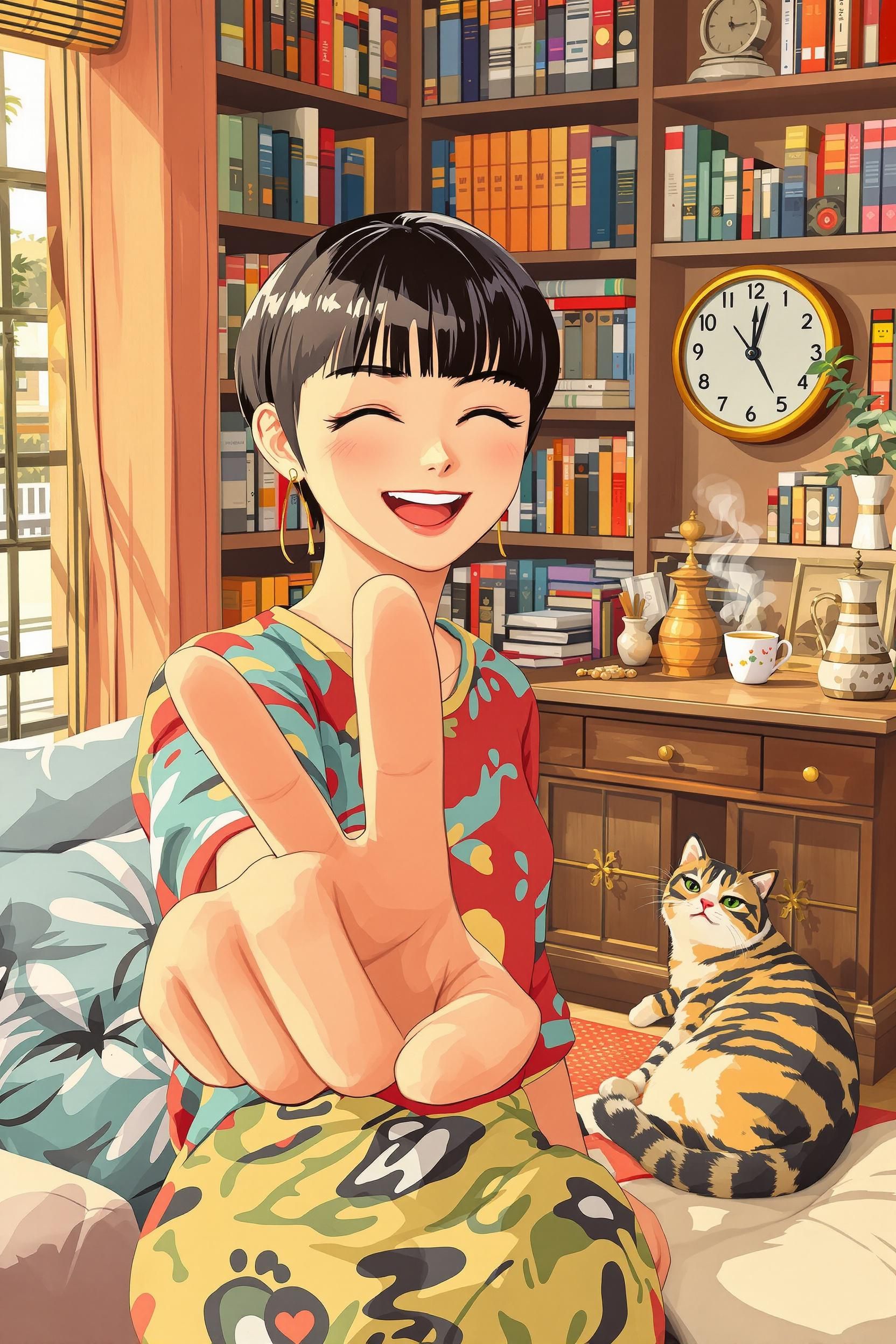Japanese Anime-style Illustration Of A Lively Woman With Short Hair And Straight-cut Bangs