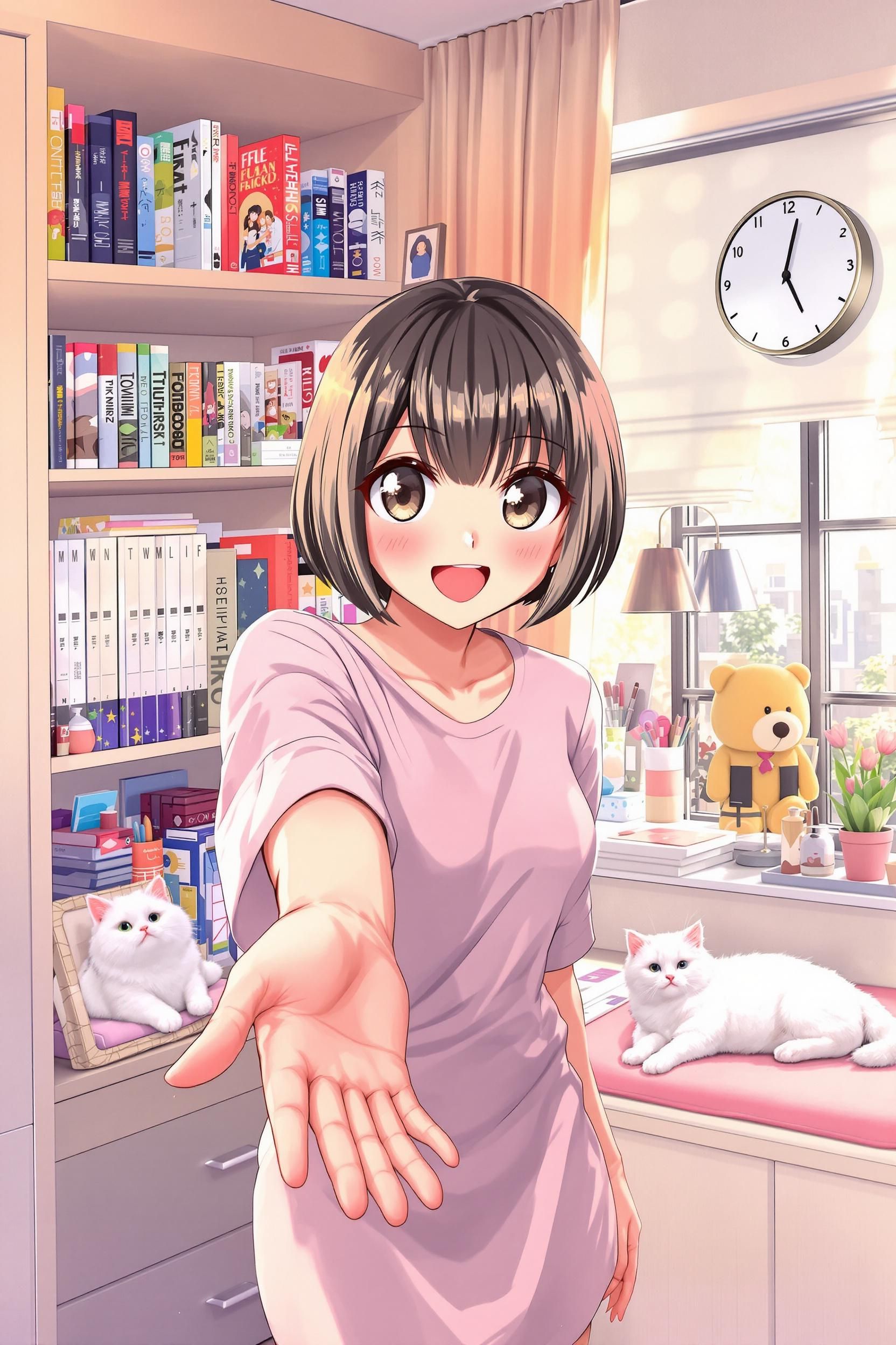 Japanese Anime-style Illustration Of A Lively Woman With Short Hair And Straight-cut Bangs