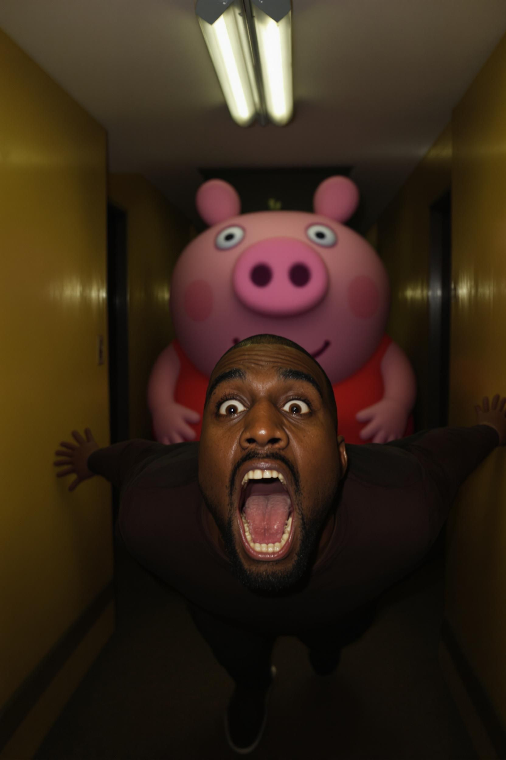 Kanye Running From A Giant 2D Peppa Pig Cartoon Down A Dark Hallway In The Backrooms