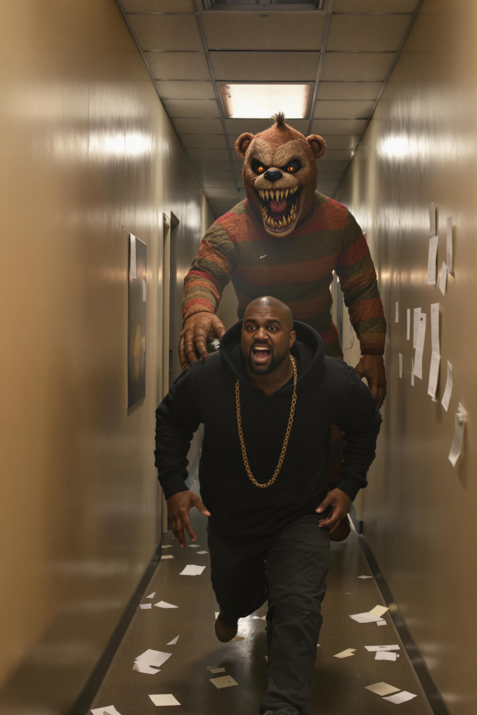 Kanye West Running Away From Freddy Fazbear In A Hallway