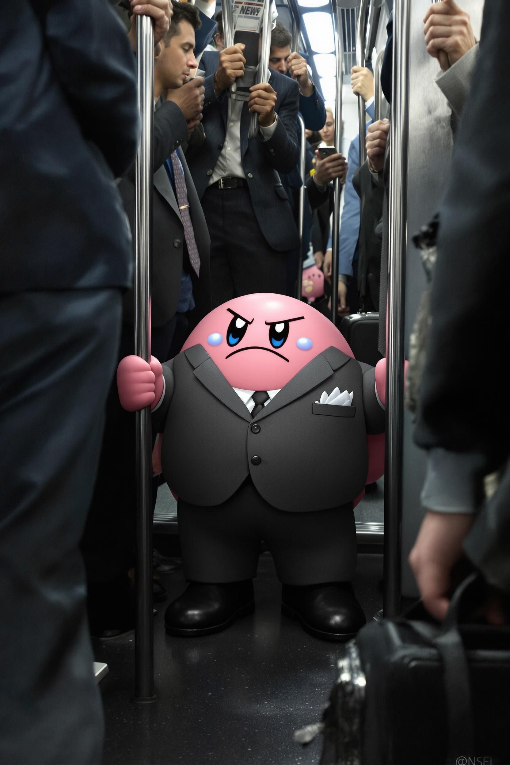 Kirby In A Business Suit Sitting In A Crowded Subway Train During Rush Hour