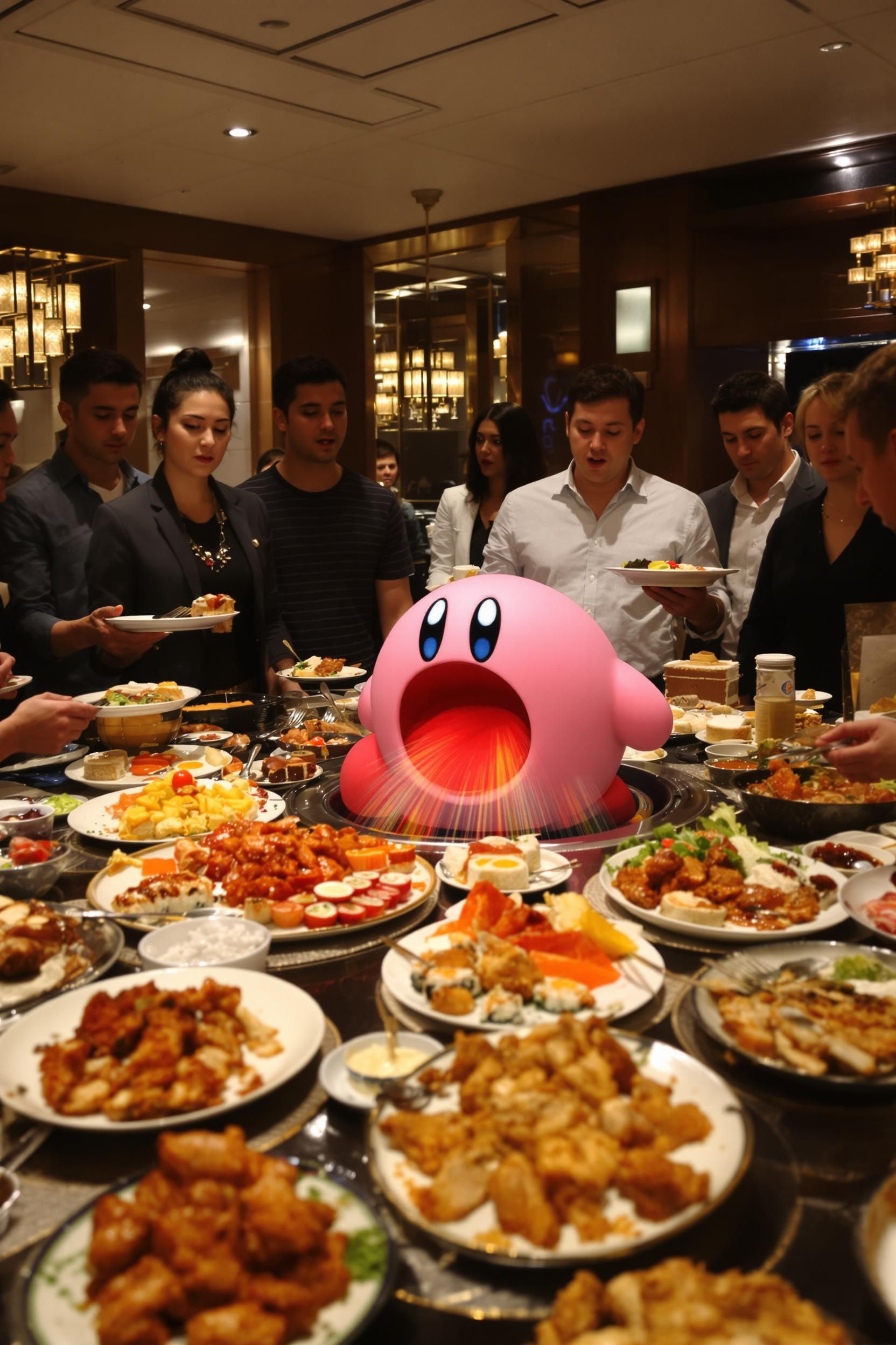 Kirby Inhaling All Of The Food At A Buffet While Everyone Looks On In Shock