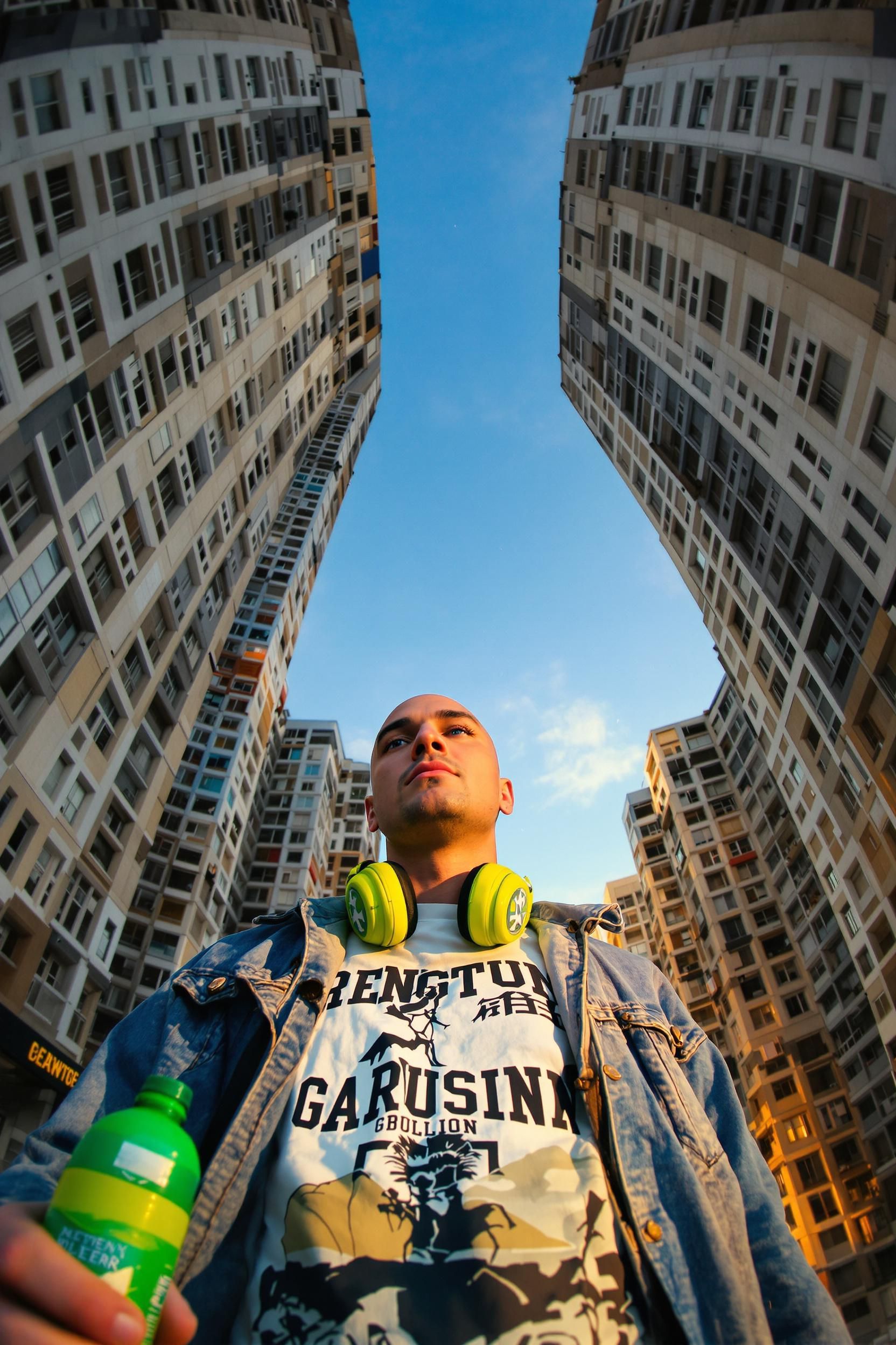 Low-angle Urban Portrait Of A Stylish Bald Young Men With Blue Eyes In The Middle Of A City Stre