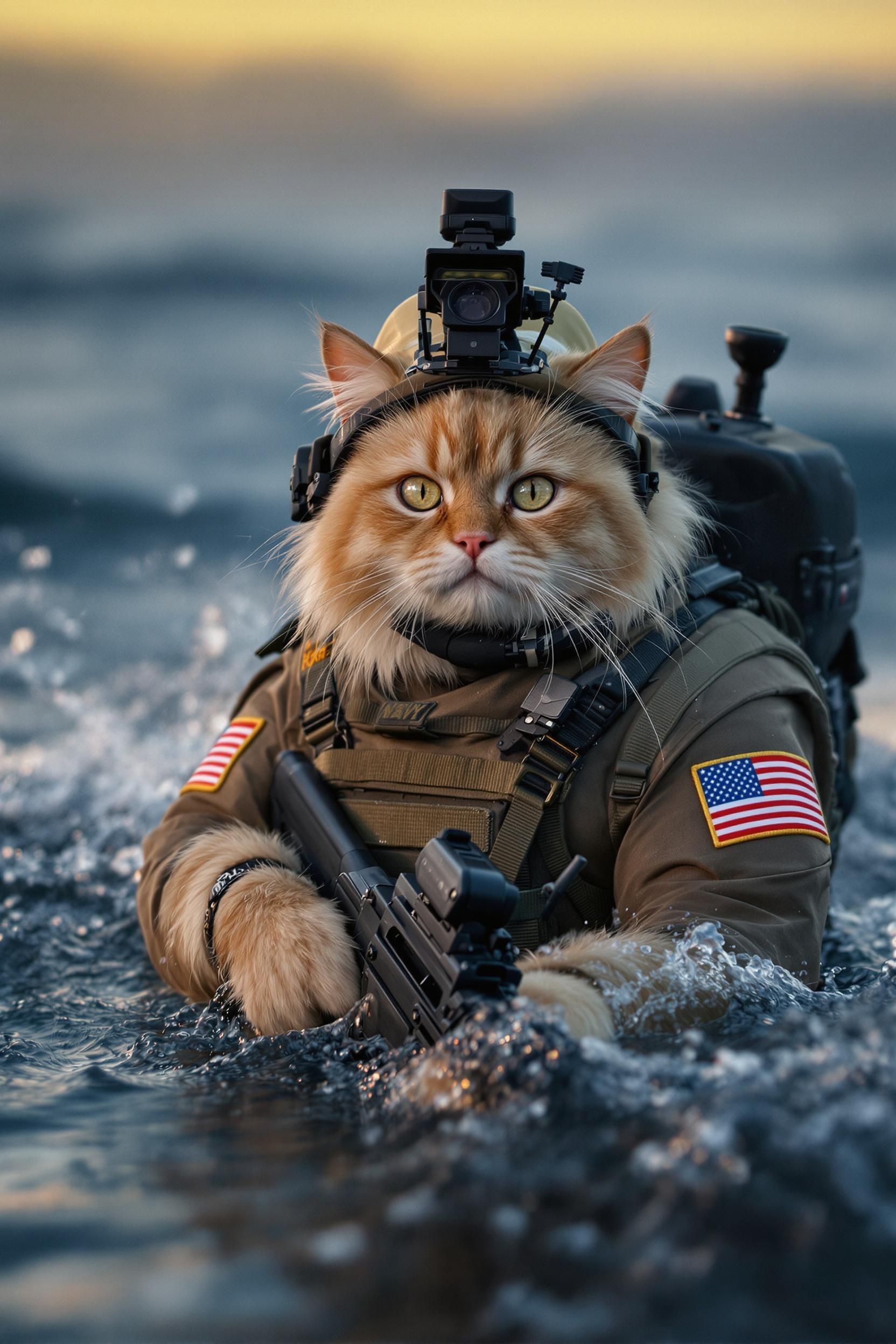 Make An Image Of A Persian Cat In A Navy SEAL Suit With A New SEAL Model Gun