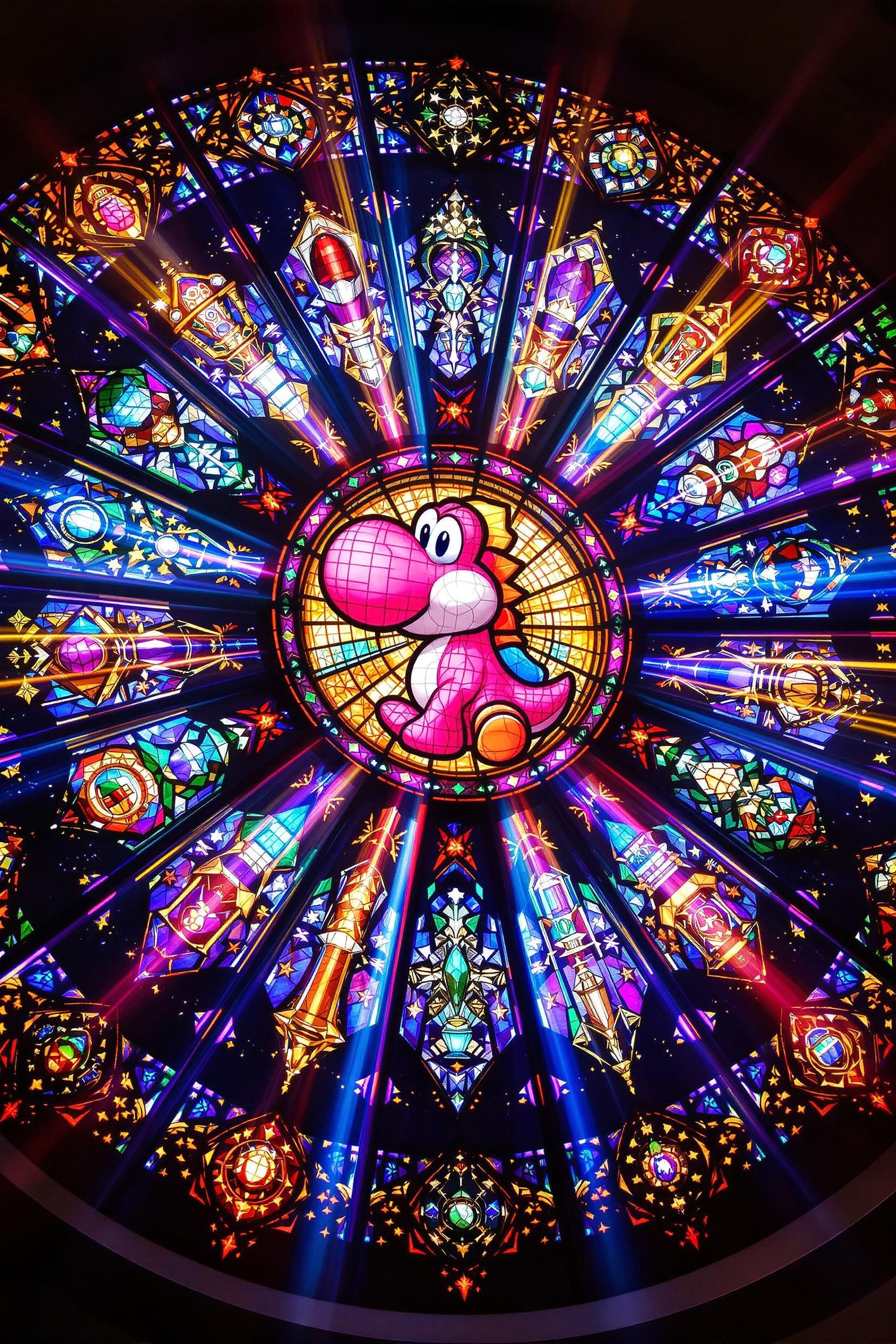 Medieval Style Stained Glass Painting Of A Pink Yoshi As Our Lord And Saviour